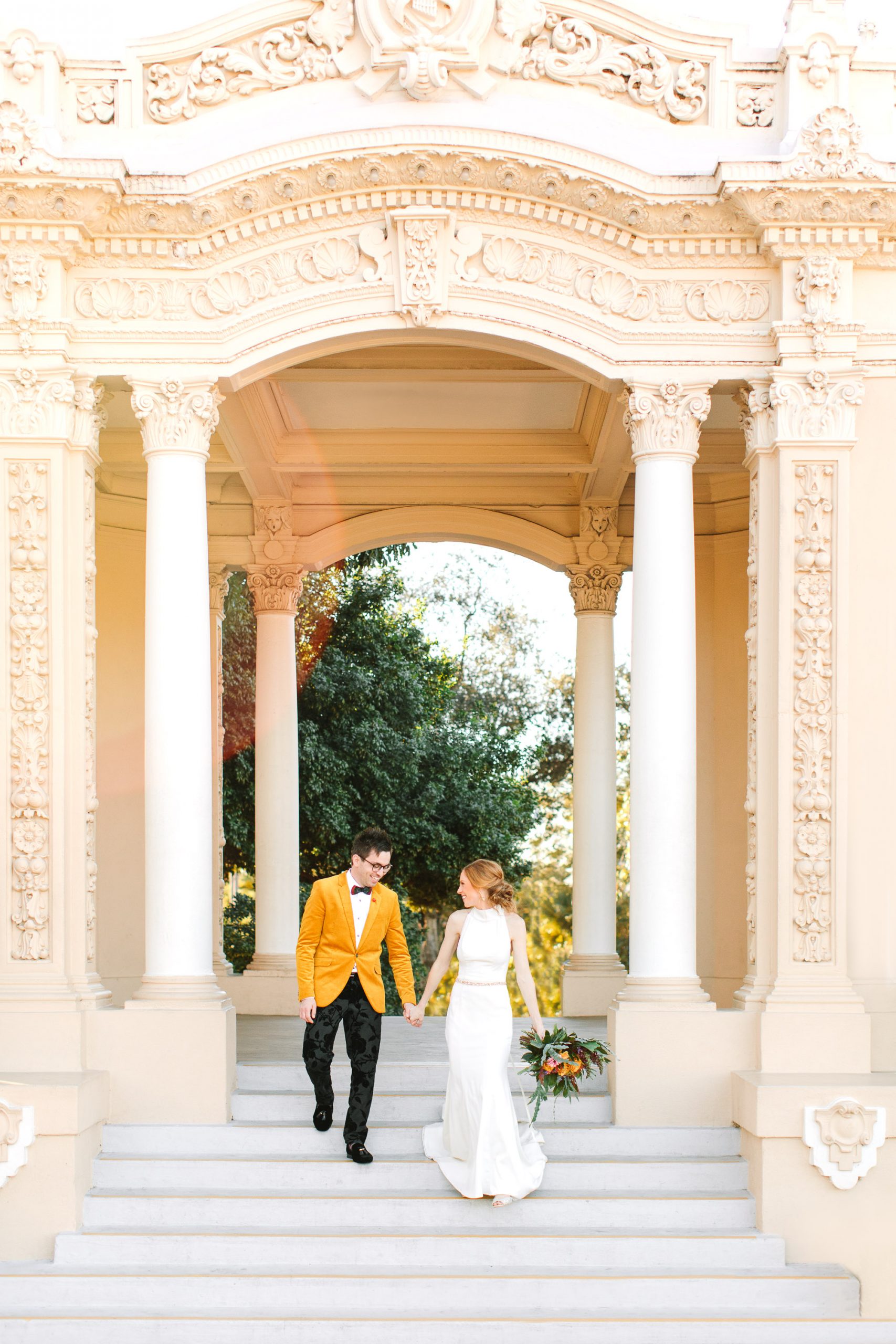 Wedding couple at Spreckels Organ Pavilion in Balboa Park by Mary Costa Photography