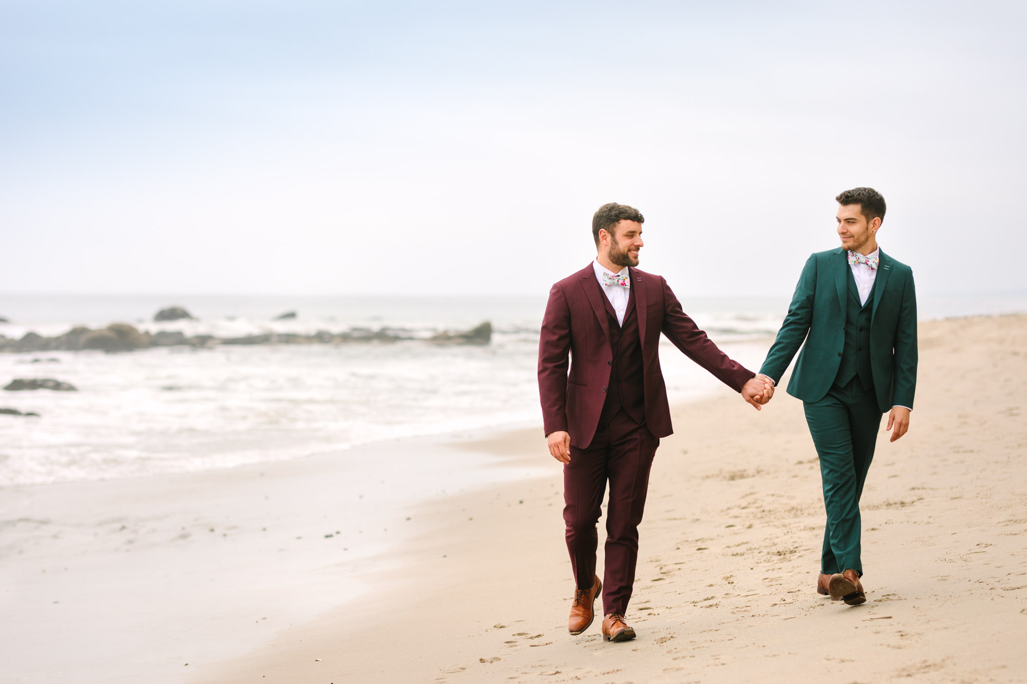 Adam and KC in Malibu by Groom getting ready in emerald tux by Mary Costa Photography