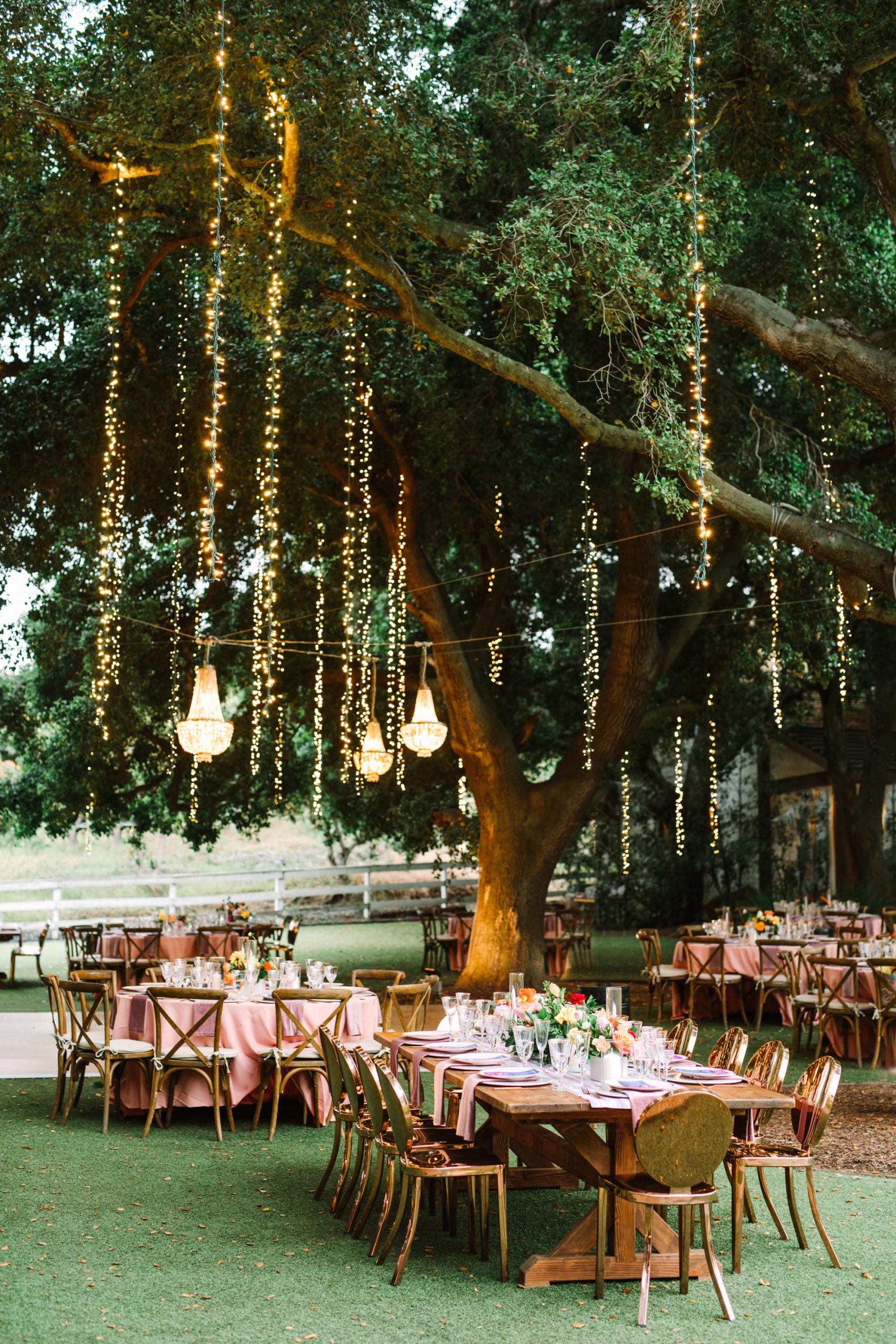Romantic wedding reception with twinkle lights by Mary Costa Photography
