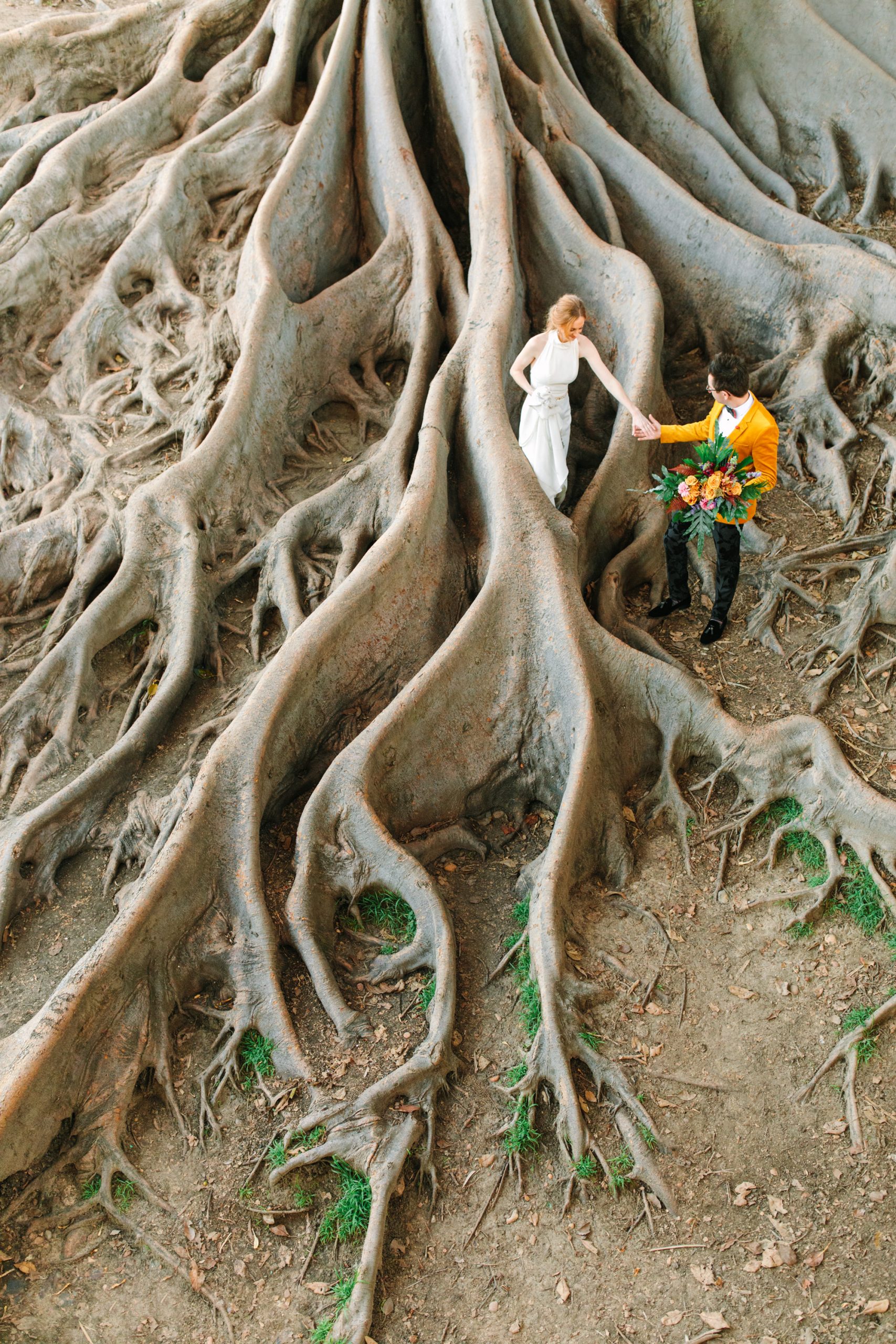 Couple walking among fig tree roots - www.marycostaweddings.com