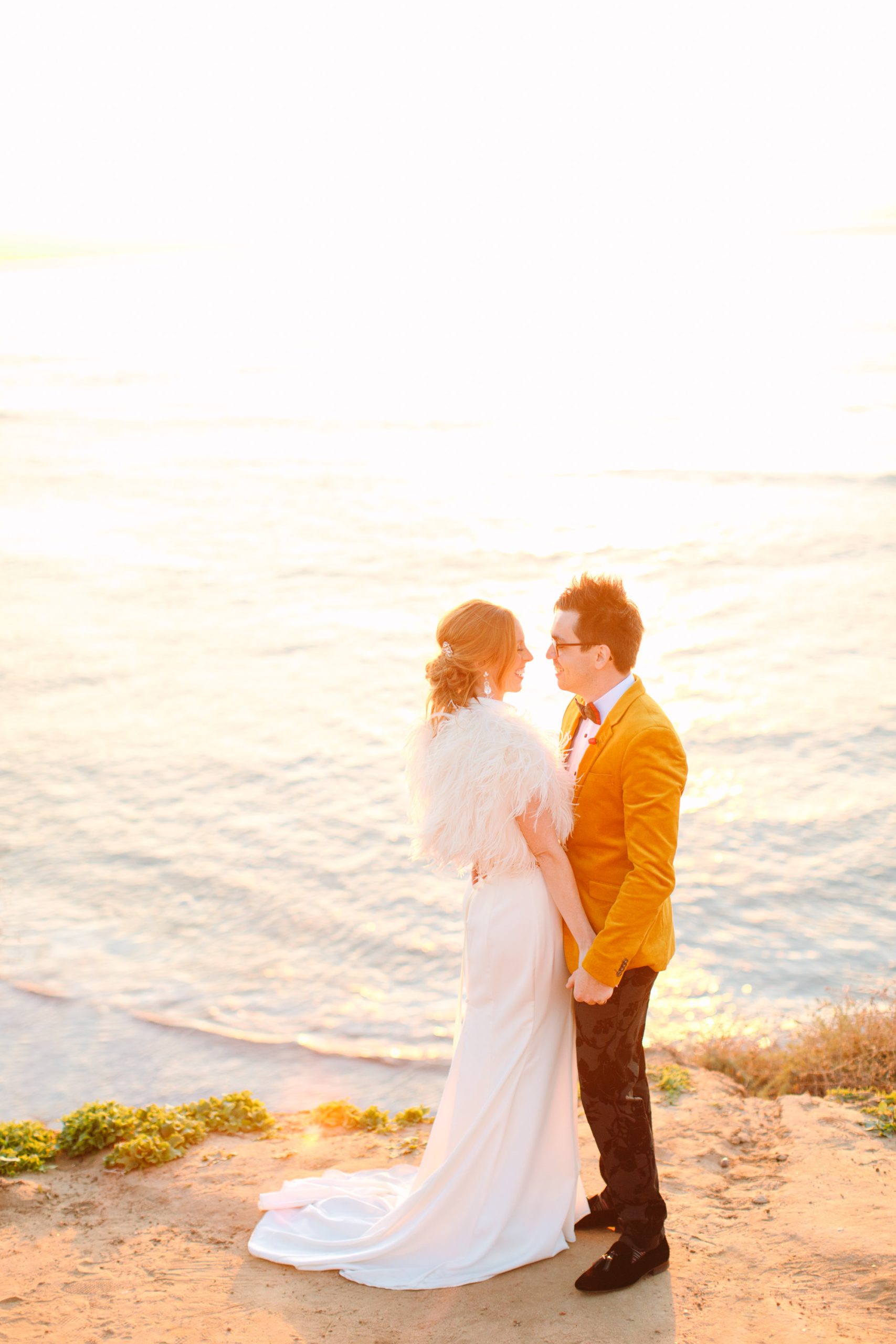 Bride and groom at beach sunset - www.marycostaweddings.com