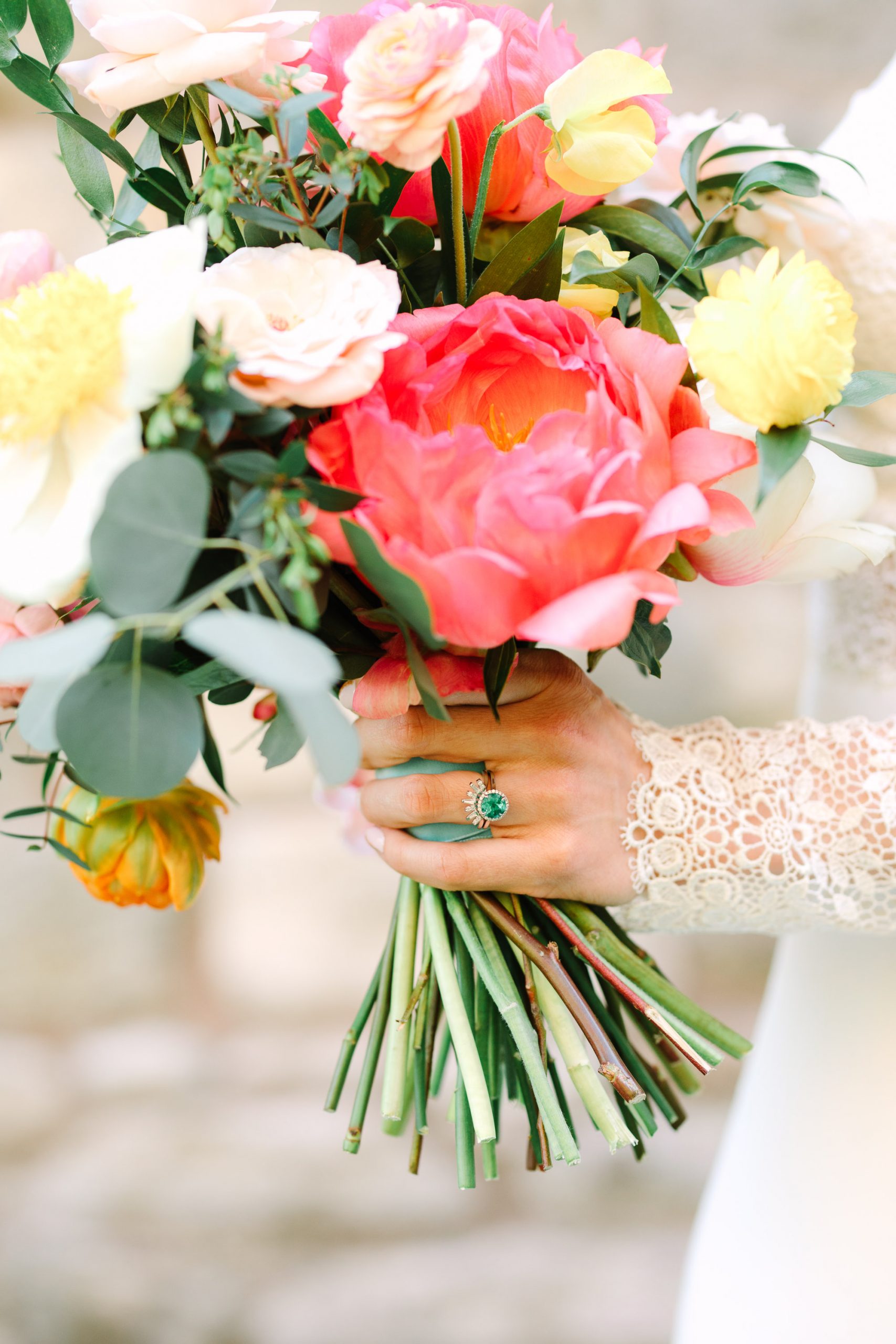 Emerald engagement ring and peony bouquet - www.marycostaweddings.com