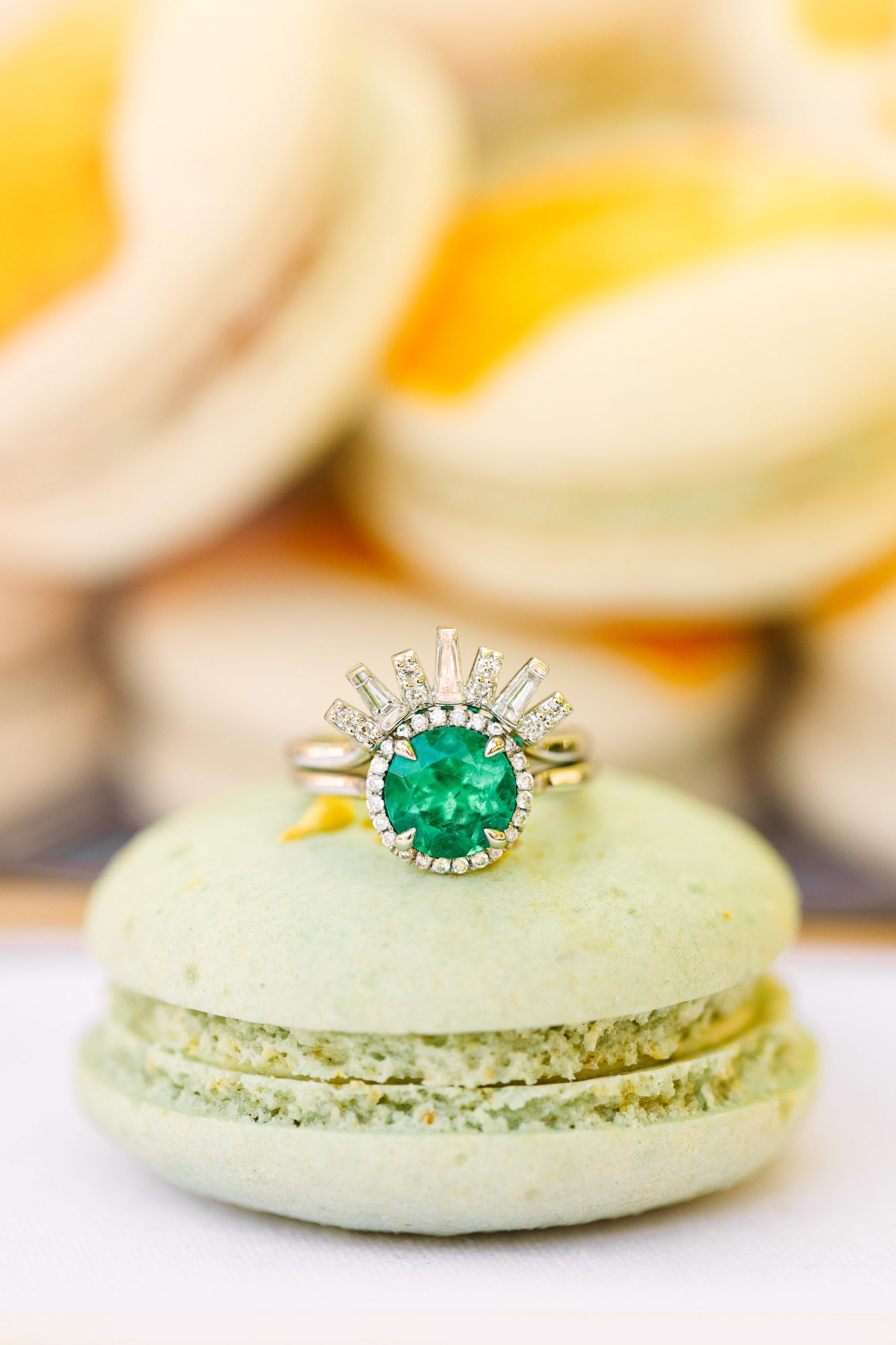 Art Deco inspired emerald engagement ring with macaron - www.marycostaweddings.com