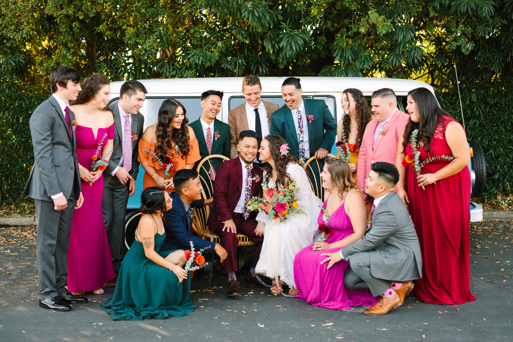 Colorful wedding party in front of VW van at BLOC Venue Roseville - www.marycostaweddings.com