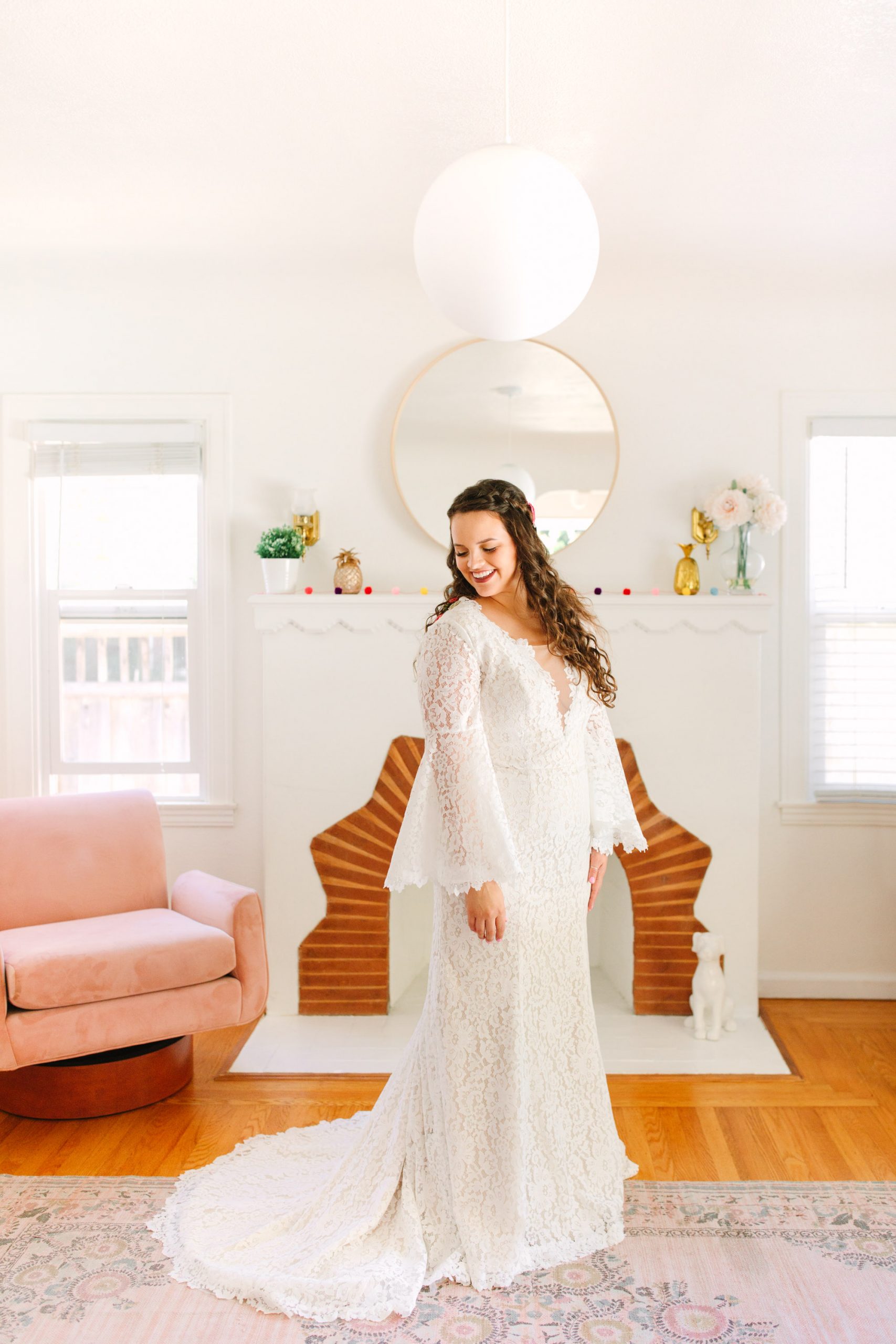 Bride in beautiful custom gown with bell lace sleeves - www.marycostaweddings.com