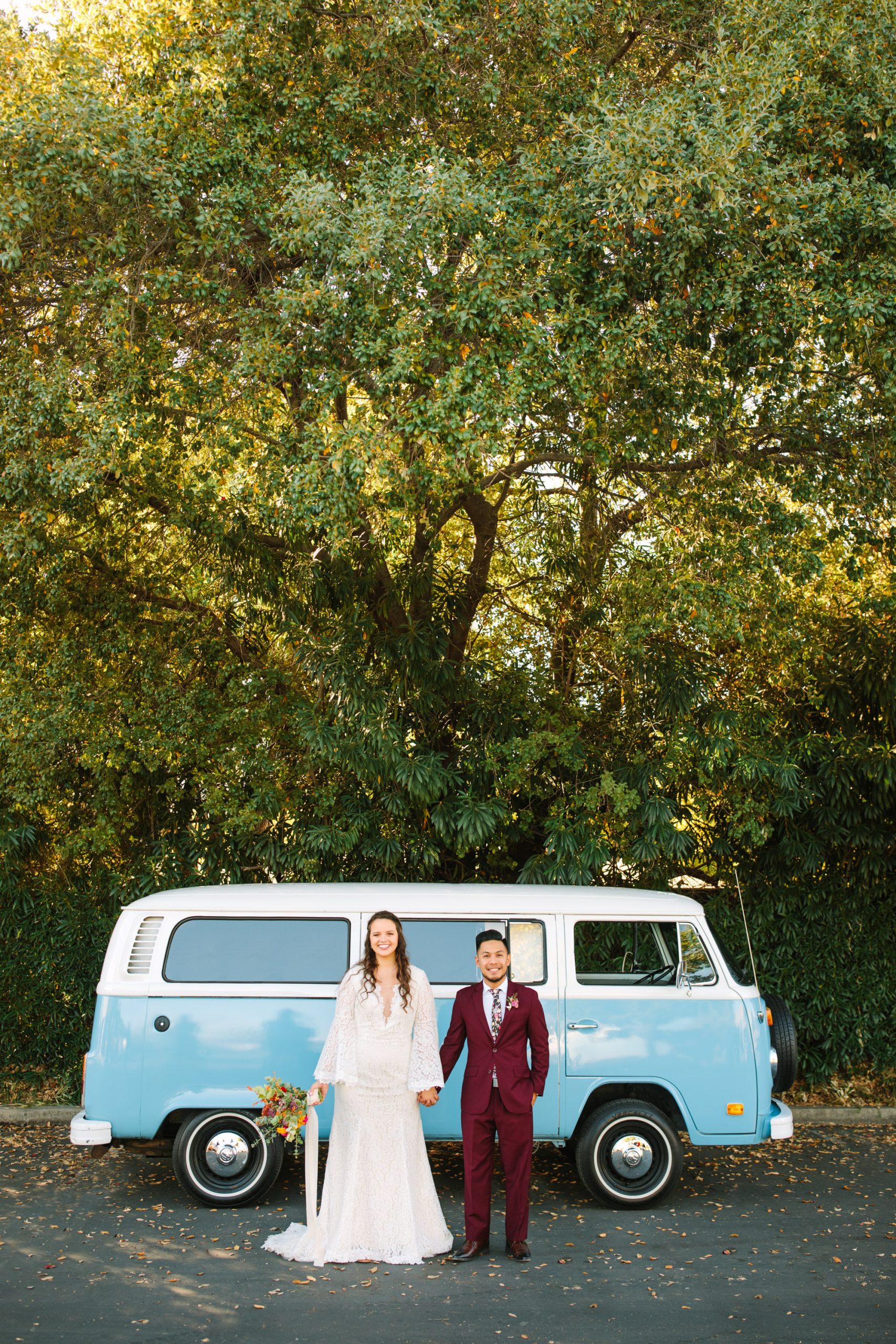 Bride and groom portrait in front of VW Van at BLOC Venue Roseville - www.marycostaweddings.com