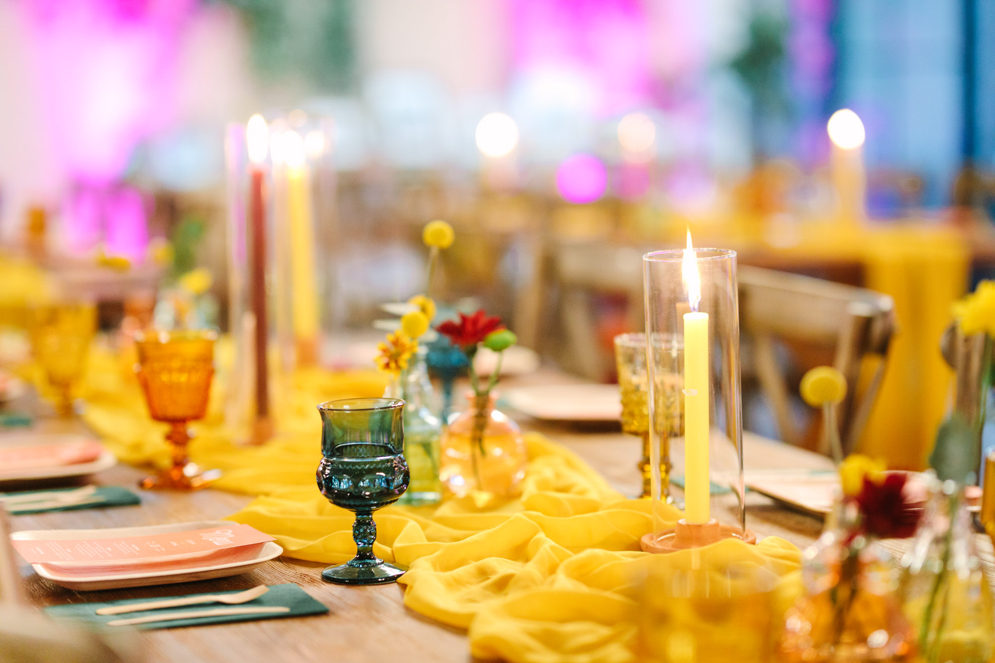 Yellow table runnner and vintage glassware - www.marycostaweddings.com