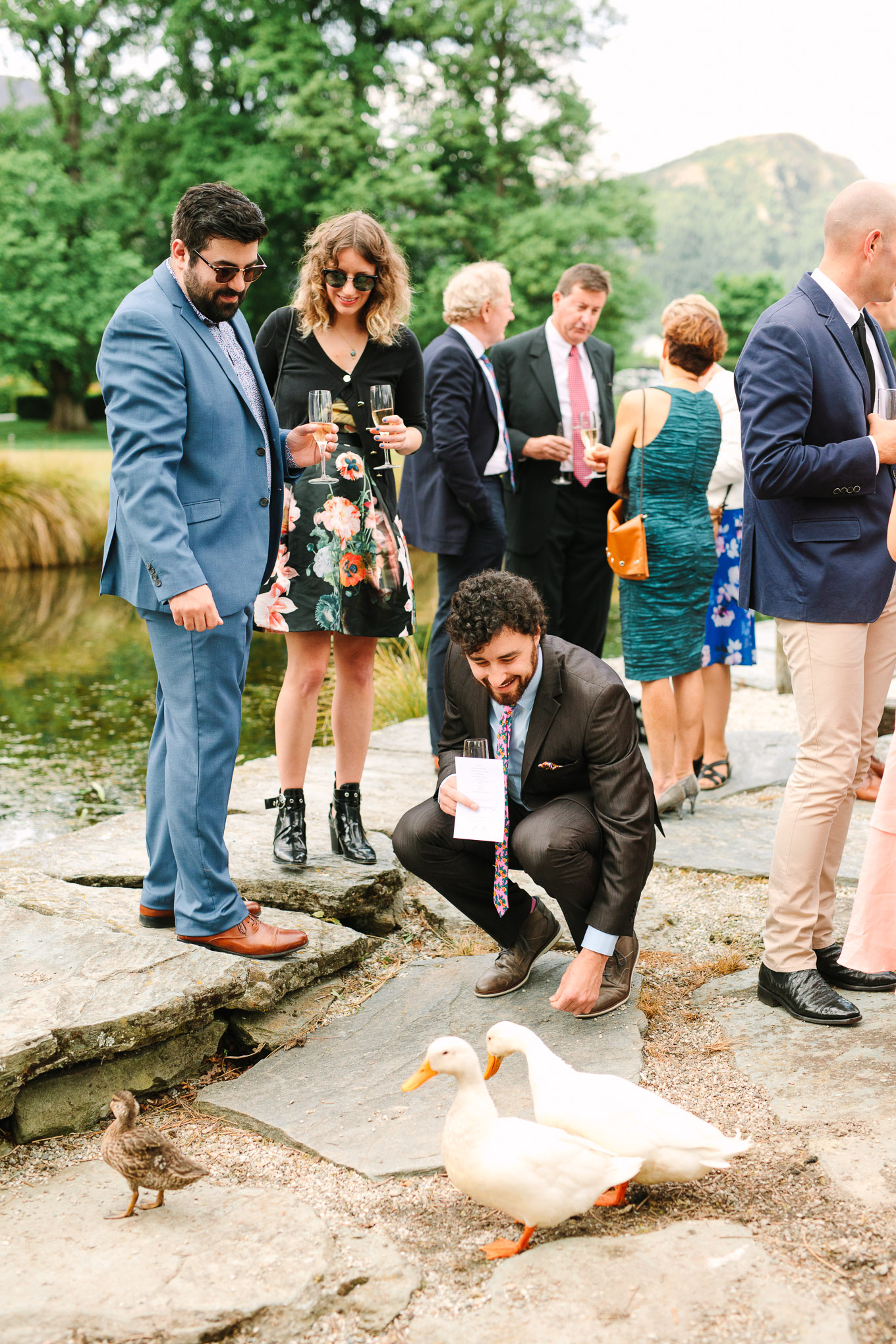 Guests feeding ducks during cocktail hour. Millbrook Resort Queenstown New Zealand wedding by Mary Costa Photography | www.marycostaweddings.com