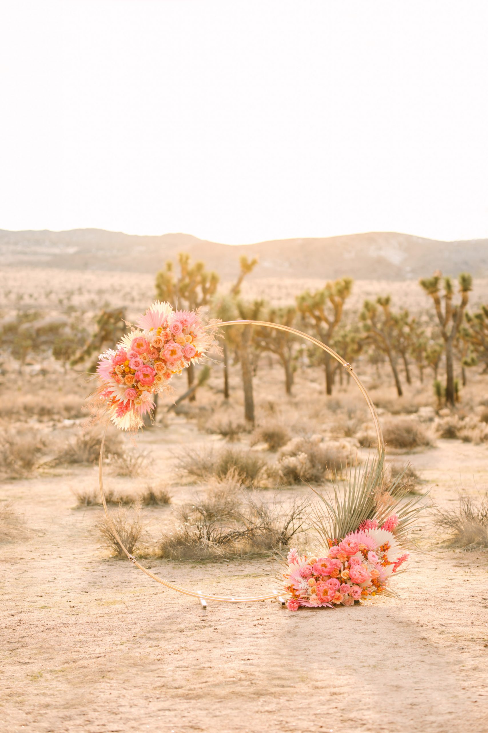 Pink floral circular arch in desert | Pink wedding dress Joshua Tree elopement featured on Green Wedding Shoes | Colorful desert wedding inspiration for fun-loving couples in Southern California #joshuatreewedding #joshuatreeelopement #pinkwedding #greenweddingshoes Source: Mary Costa Photography | Los Angeles