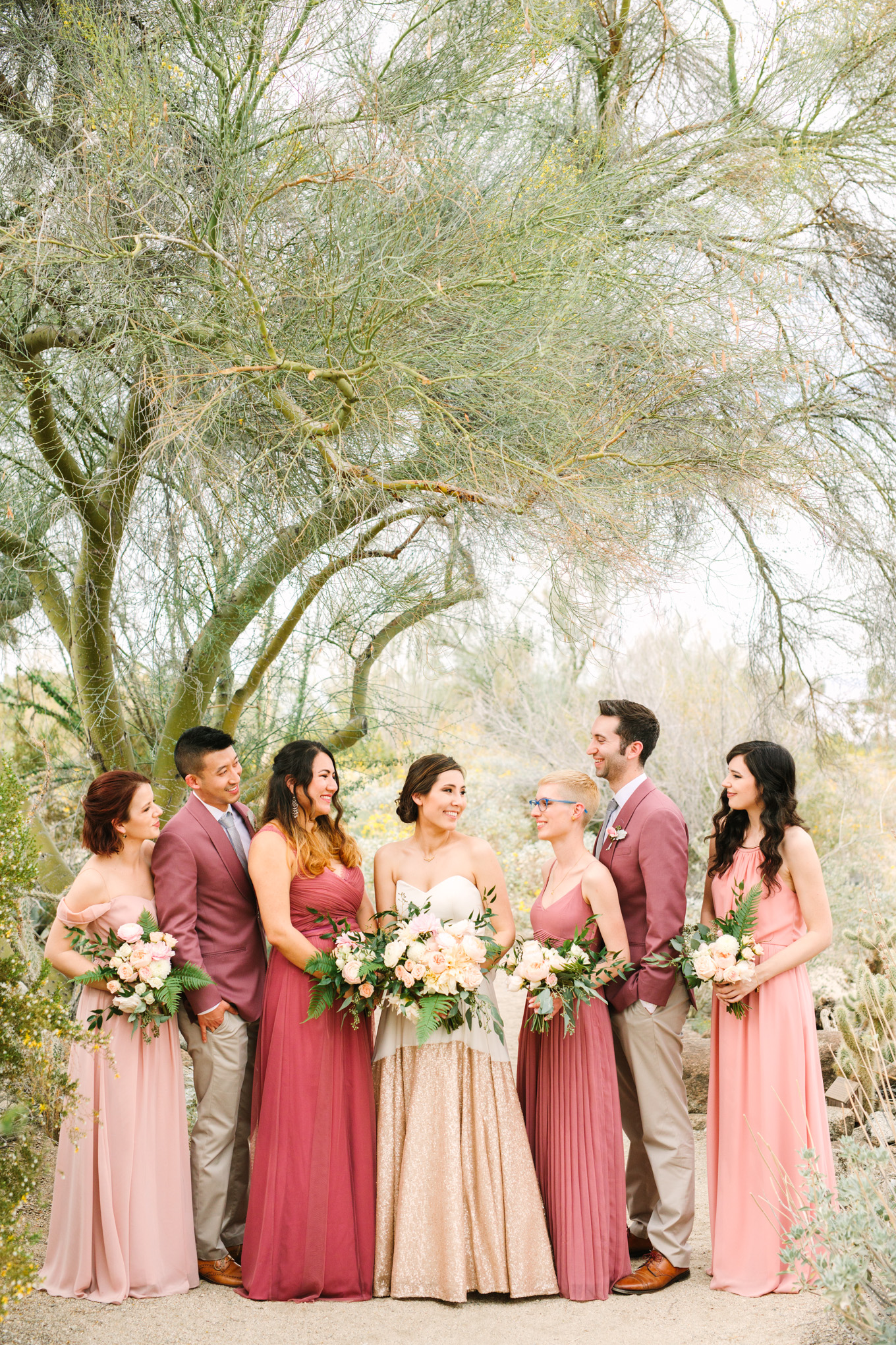 Wedding party in pink blush tones at Living Desert Zoo | Best Southern California Garden Wedding Venues | Colorful and elevated wedding photography for fun-loving couples | #gardenvenue #weddingvenue #socalweddingvenue #bouquetideas #uniquebouquet   Source: Mary Costa Photography | Los Angeles 