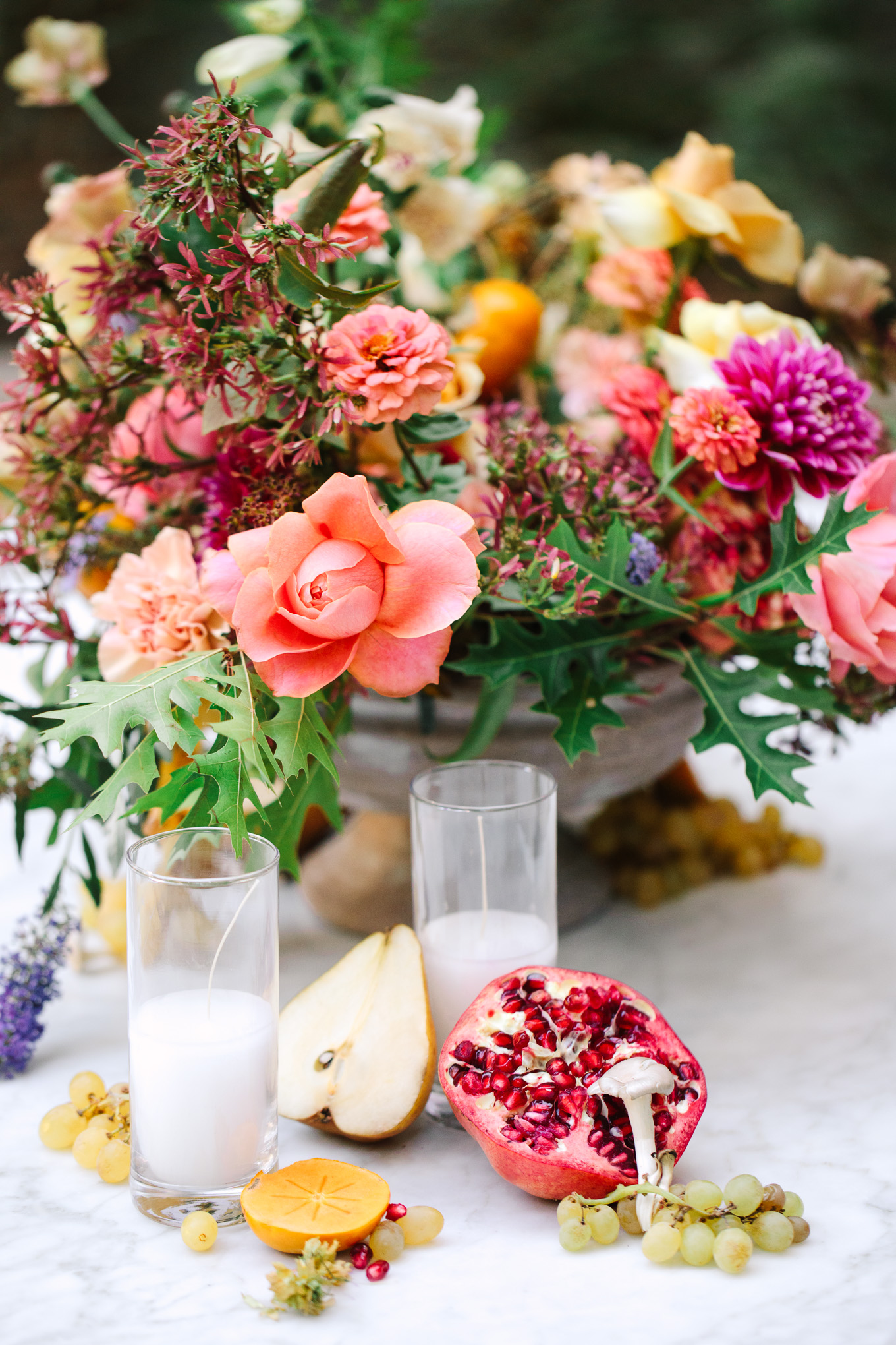 Lush table with fruit and mushrooms at Redbird Los Angeles wedding | Best Southern California Garden Wedding Venues | Colorful and elevated wedding photography for fun-loving couples | #gardenvenue #weddingvenue #socalweddingvenue #bouquetideas #uniquebouquet   Source: Mary Costa Photography | Los Angeles 