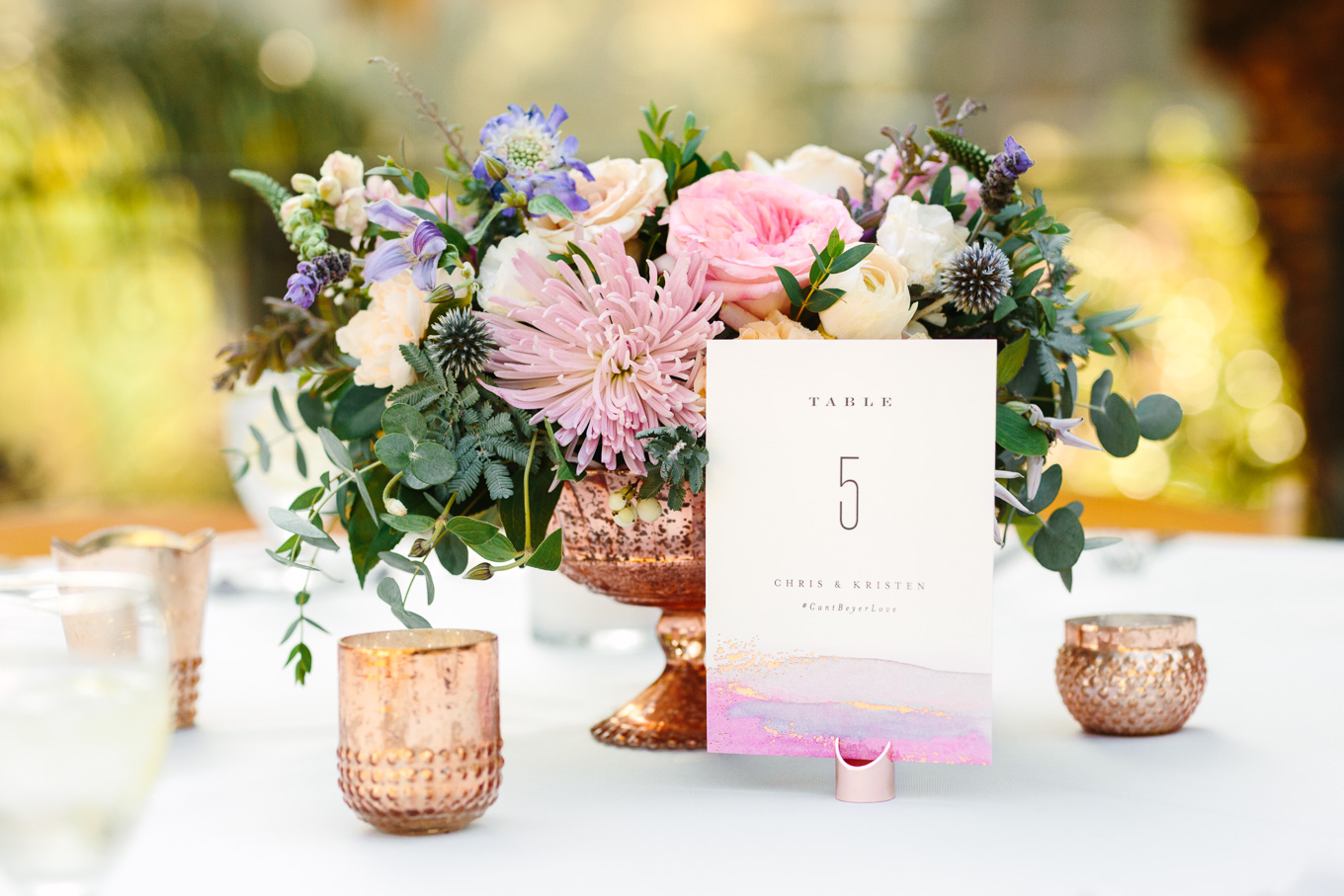 Lavender and pink reception table centerpiece at Houdini Estate in Hollywood, CA | Best Southern California Garden Wedding Venues | Colorful and elevated wedding photography for fun-loving couples | #gardenvenue #weddingvenue #socalweddingvenue #bouquetideas #uniquebouquet   Source: Mary Costa Photography | Los Angeles 
