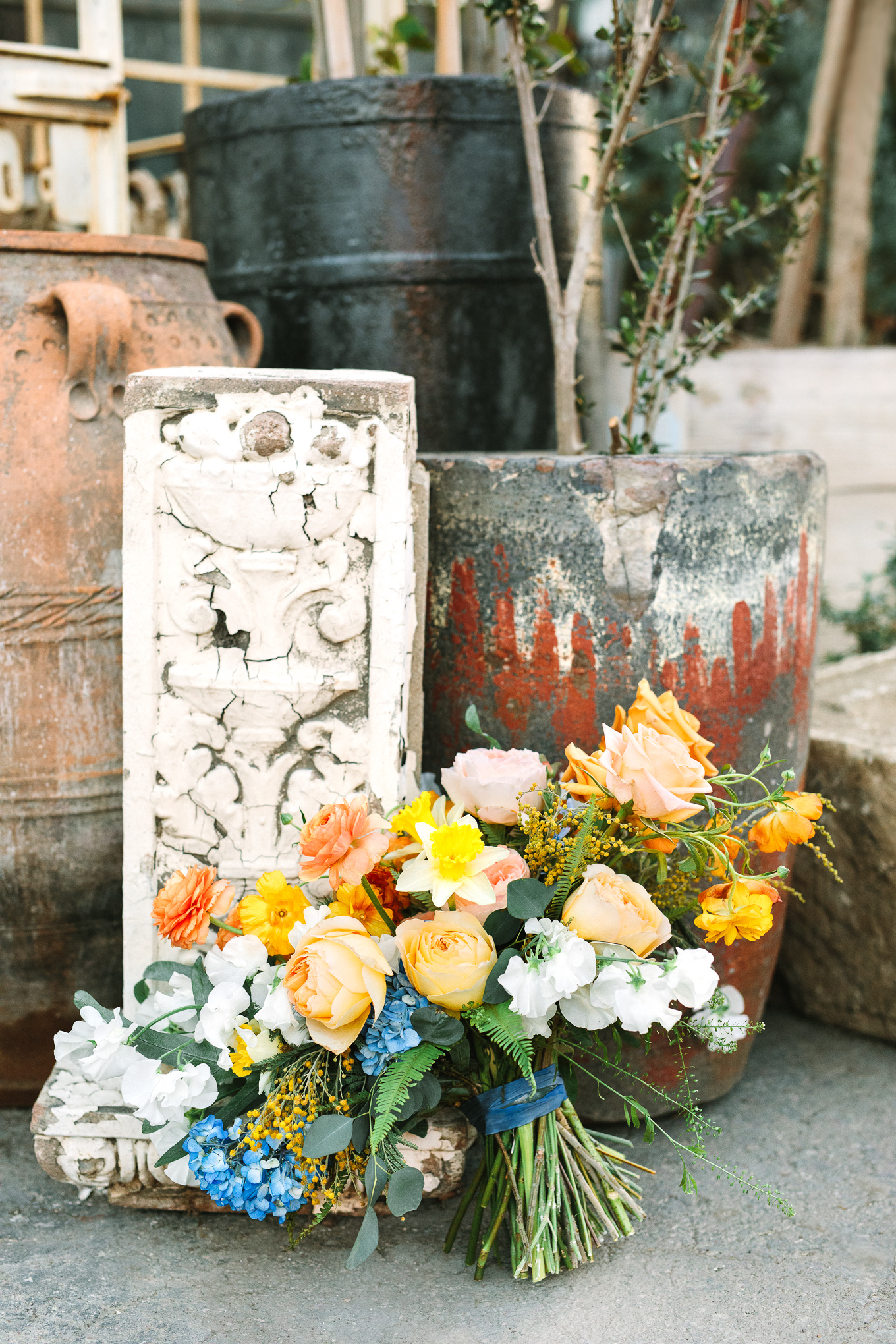Beautiful yellow, peach and light blue bouquet | Beautiful bridal bouquet inspiration and advice | Colorful and elevated wedding photography for fun-loving couples in Southern California | #weddingflowers #weddingbouquet #bridebouquet #bouquetideas #uniquebouquet   Source: Mary Costa Photography | Los Angeles