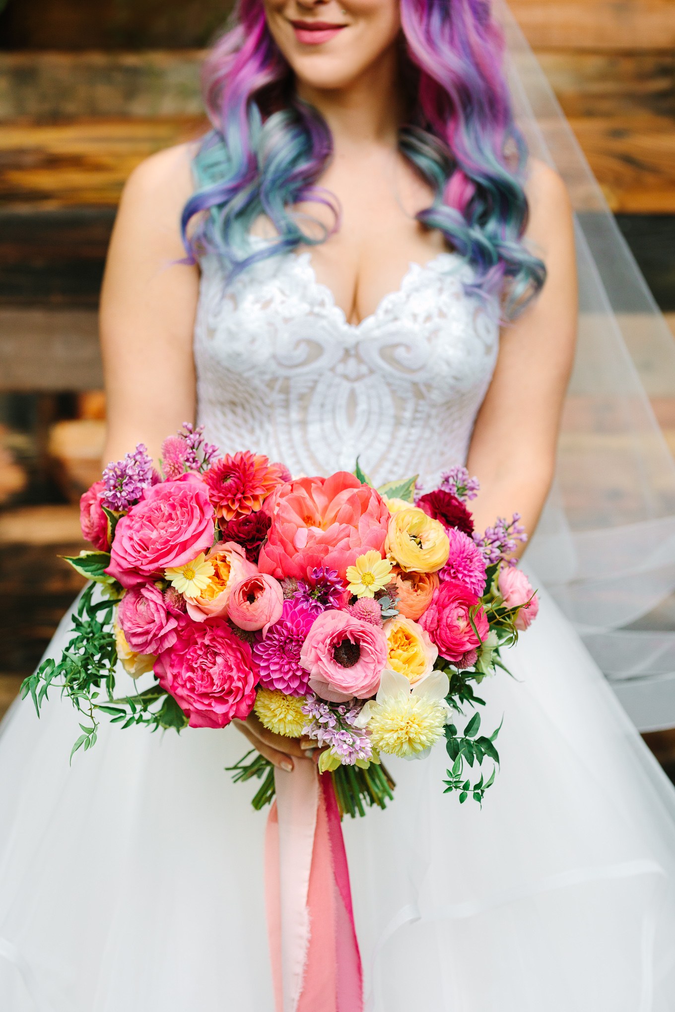 Colorful wedding flowers and bridal unicorn hair | Beautiful bridal bouquet inspiration and advice | Colorful and elevated wedding photography for fun-loving couples in Southern California | #weddingflowers #weddingbouquet #bridebouquet #bouquetideas #uniquebouquet   Source: Mary Costa Photography | Los Angeles