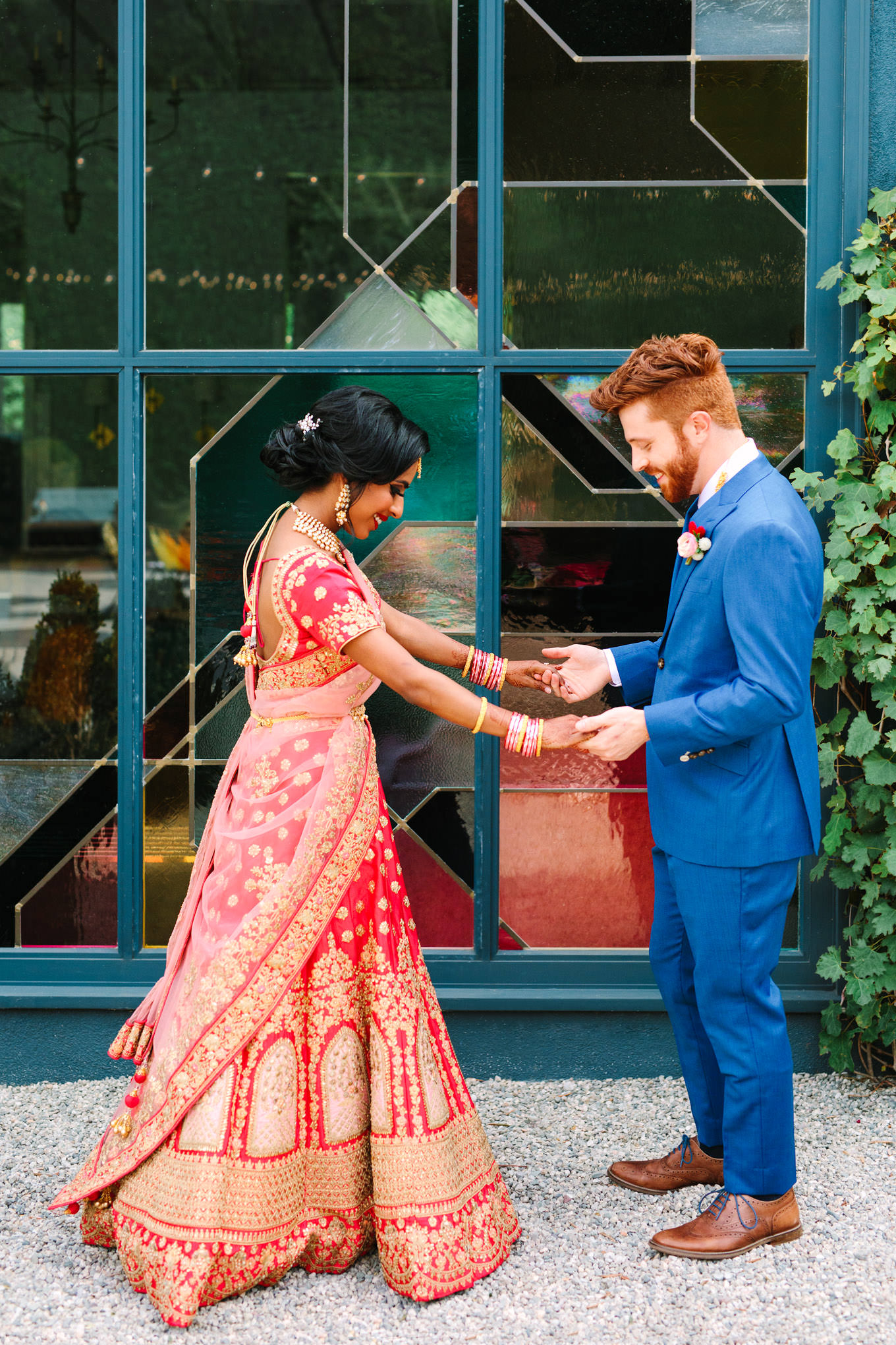 Bride and groom first look. Two Disney artists create a unique and colorful Indian Fusion wedding at The Fig House Los Angeles, featured on Green Wedding Shoes. | Colorful and elevated wedding inspiration for fun-loving couples in Southern California | #indianwedding #indianfusionwedding #thefighouse #losangeleswedding   Source: Mary Costa Photography | Los Angeles