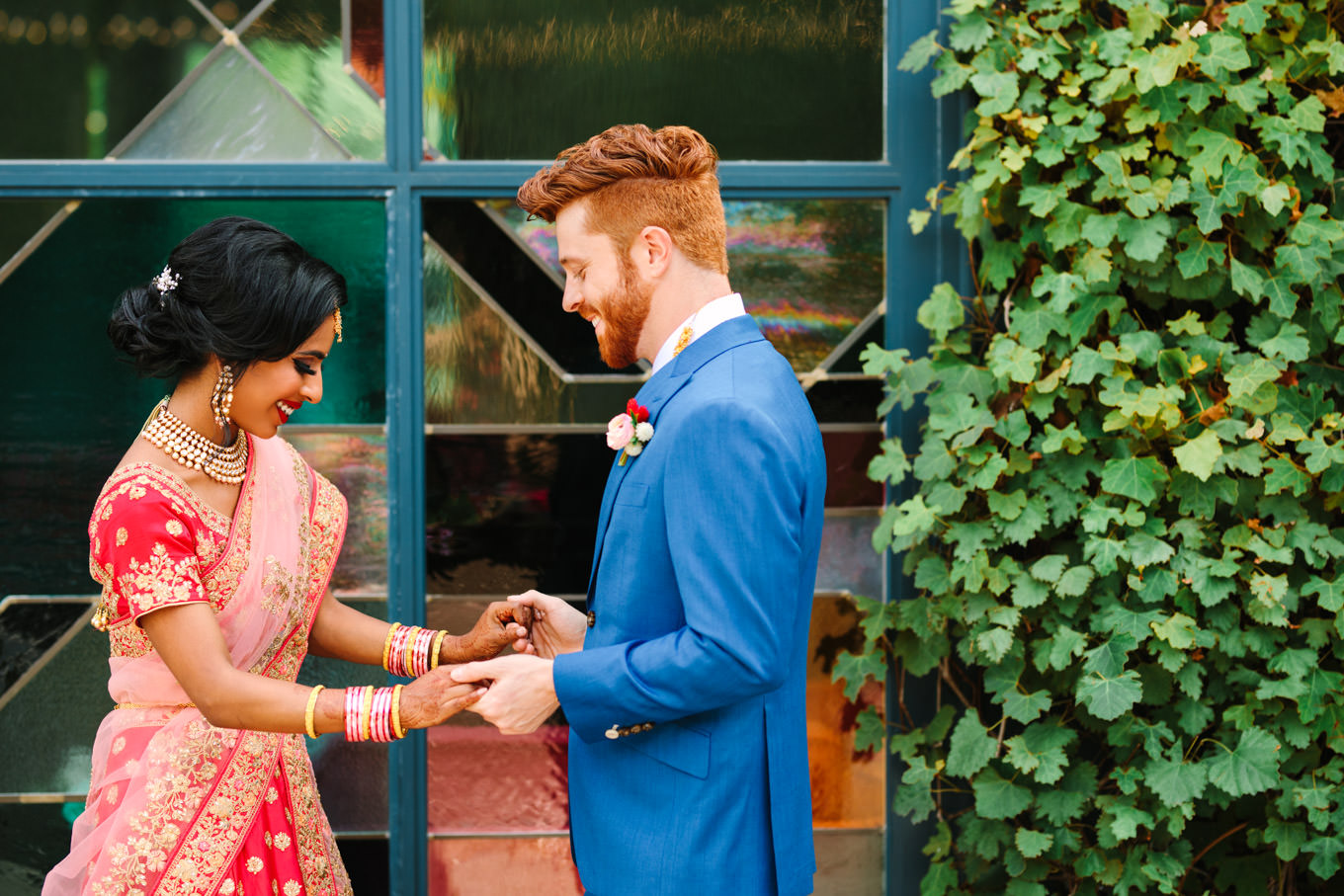 Bride and groom first look. Two Disney artists create a unique and colorful Indian Fusion wedding at The Fig House Los Angeles, featured on Green Wedding Shoes. | Colorful and elevated wedding inspiration for fun-loving couples in Southern California | #indianwedding #indianfusionwedding #thefighouse #losangeleswedding   Source: Mary Costa Photography | Los Angeles
