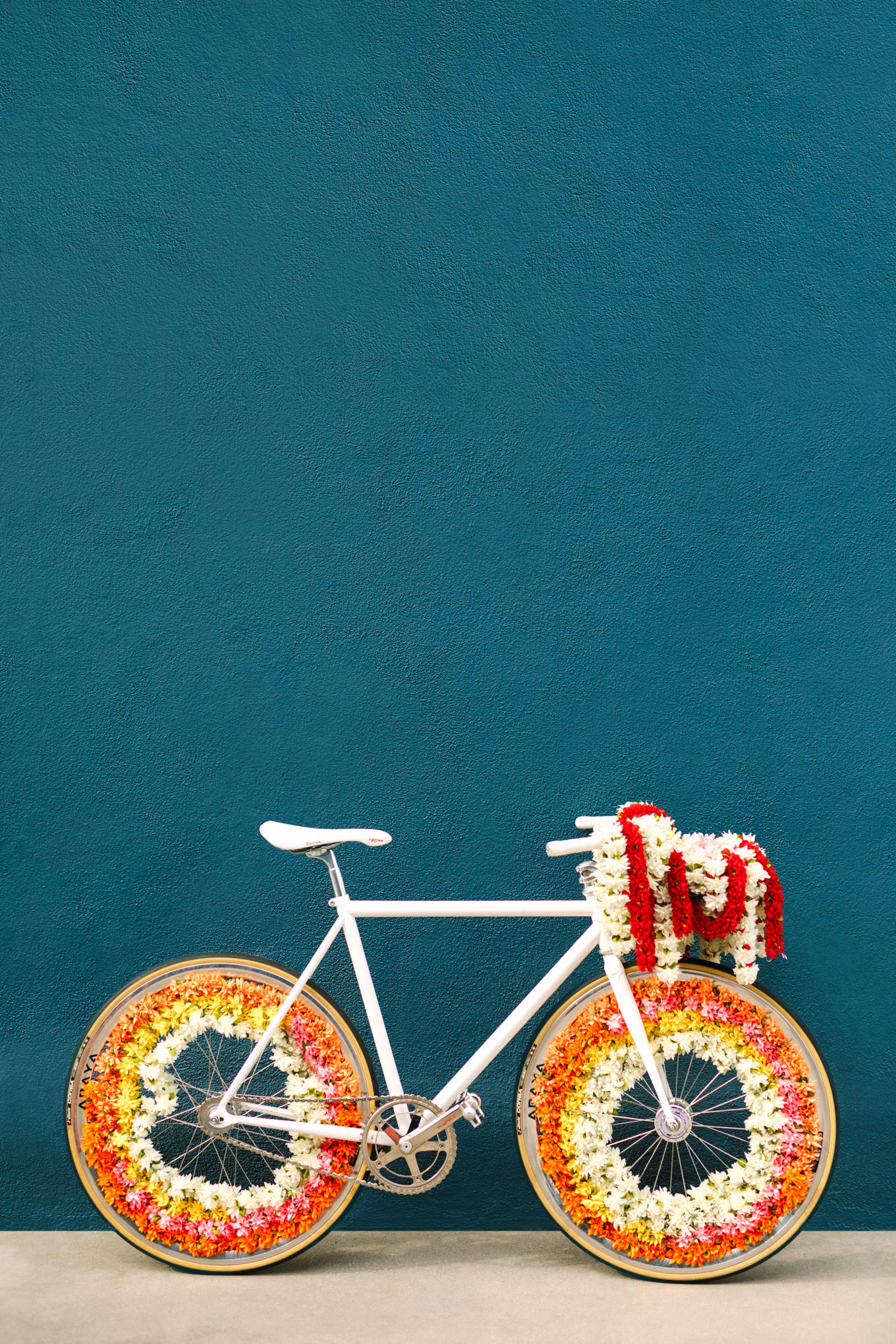Floral Baraat bicycle on teal wall. Two Disney artists create a unique and colorful Indian Fusion wedding at The Fig House Los Angeles, featured on Green Wedding Shoes. | Colorful and elevated wedding inspiration for fun-loving couples in Southern California | #indianwedding #indianfusionwedding #thefighouse #losangeleswedding   Source: Mary Costa Photography | Los Angeles