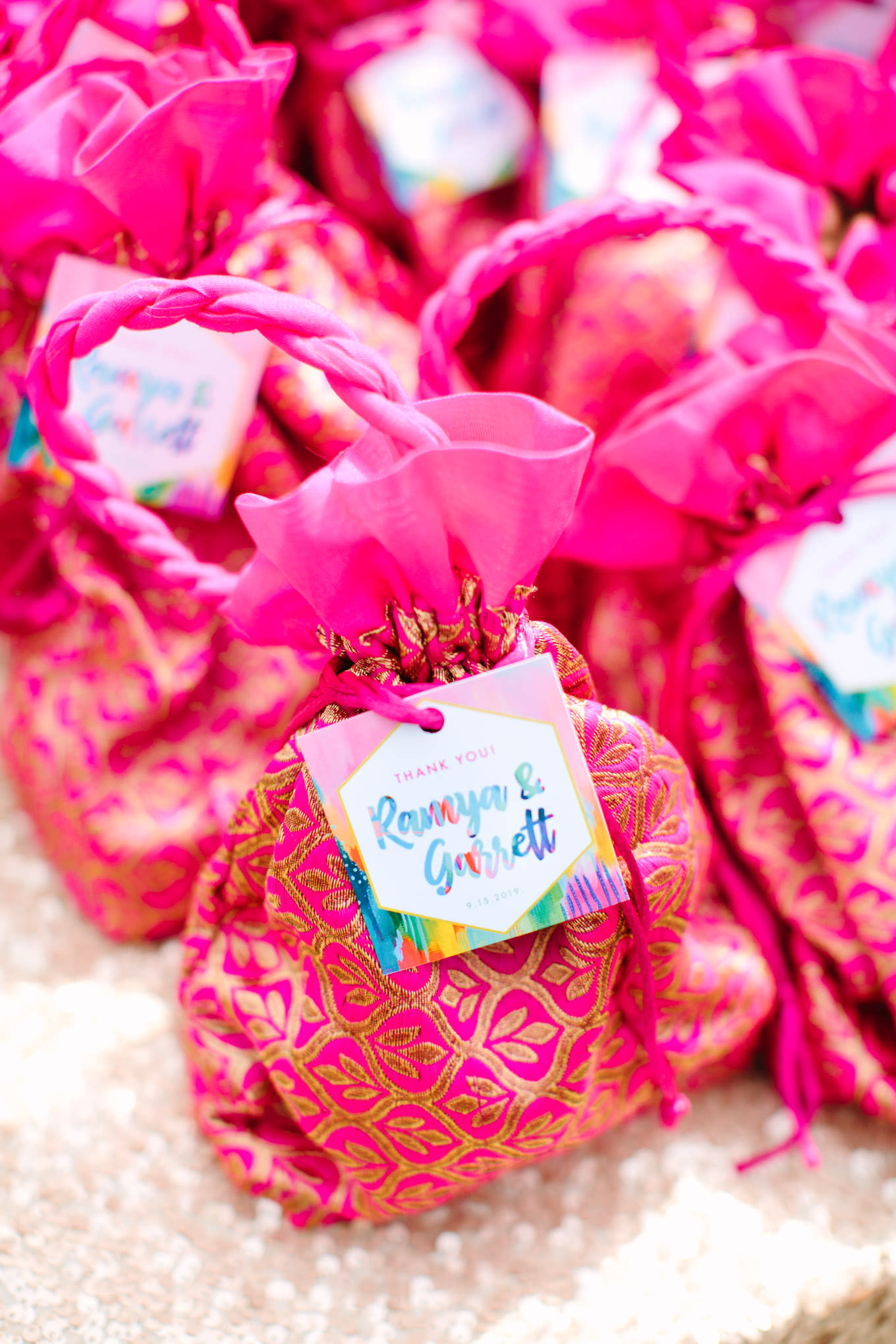 Custom gift bags. Two Disney artists create a unique and colorful Indian Fusion wedding at The Fig House Los Angeles, featured on Green Wedding Shoes. | Colorful and elevated wedding inspiration for fun-loving couples in Southern California | #indianwedding #indianfusionwedding #thefighouse #losangeleswedding   Source: Mary Costa Photography | Los Angeles