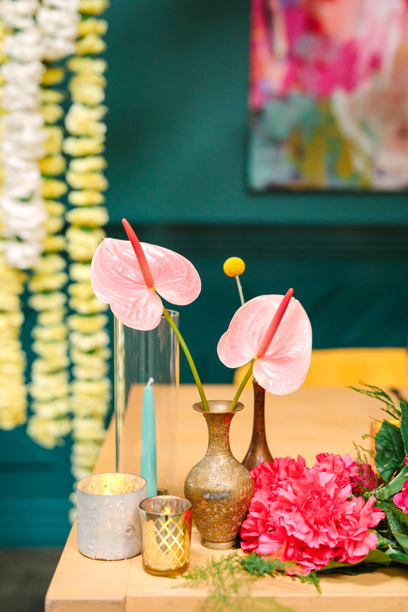 Tropical flower detail on sweetheart table. Two Disney artists create a unique and colorful Indian Fusion wedding at The Fig House Los Angeles, featured on Green Wedding Shoes. | Colorful and elevated wedding inspiration for fun-loving couples in Southern California | #indianwedding #indianfusionwedding #thefighouse #losangeleswedding   Source: Mary Costa Photography | Los Angeles
