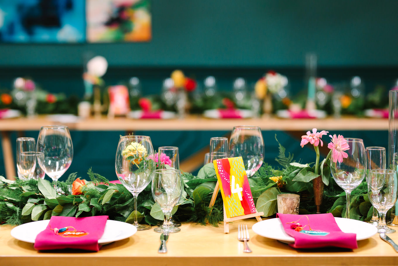 Colorful wedding table. Two Disney artists create a unique and colorful Indian Fusion wedding at The Fig House Los Angeles, featured on Green Wedding Shoes. | Colorful and elevated wedding inspiration for fun-loving couples in Southern California | #indianwedding #indianfusionwedding #thefighouse #losangeleswedding   Source: Mary Costa Photography | Los Angeles