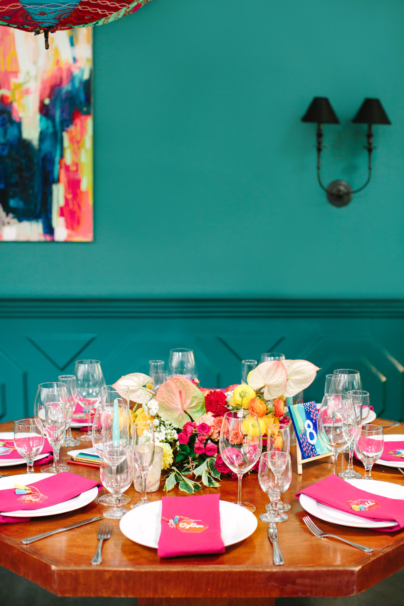 Colorful wedding table. Two Disney artists create a unique and colorful Indian Fusion wedding at The Fig House Los Angeles, featured on Green Wedding Shoes. | Colorful and elevated wedding inspiration for fun-loving couples in Southern California | #indianwedding #indianfusionwedding #thefighouse #losangeleswedding   Source: Mary Costa Photography | Los Angeles