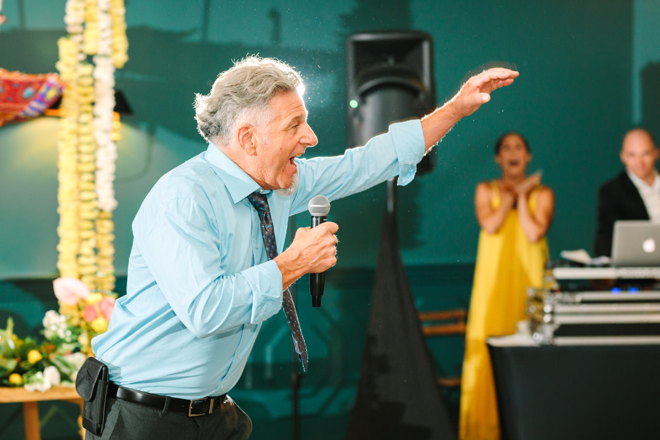 Groom's father giving speech at wedding. Two Disney artists create a unique and colorful Indian Fusion wedding at The Fig House Los Angeles, featured on Green Wedding Shoes. | Colorful and elevated wedding inspiration for fun-loving couples in Southern California | #indianwedding #indianfusionwedding #thefighouse #losangeleswedding   Source: Mary Costa Photography | Los Angeles