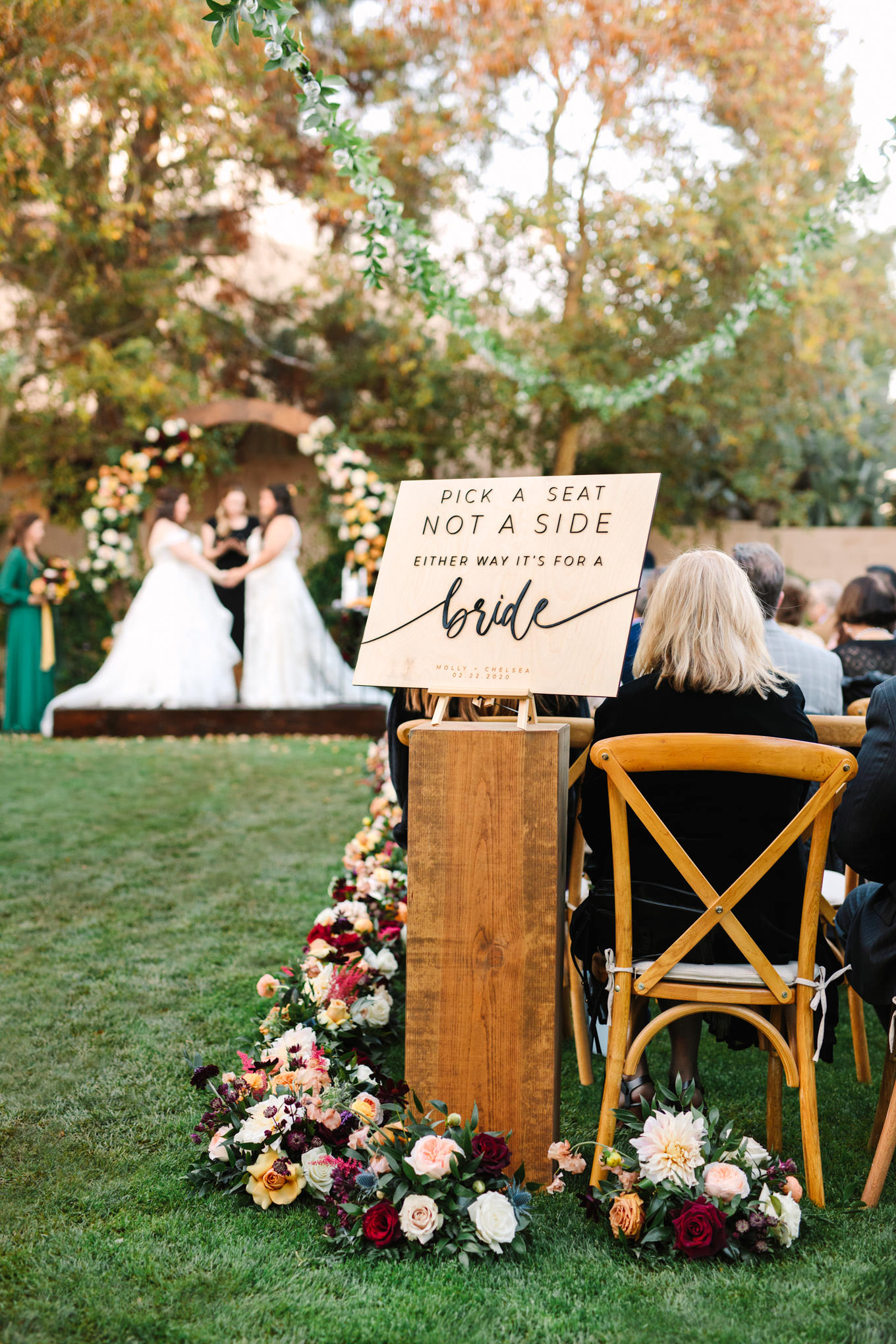 Backyard wedding sign for two brides | Engagement, elopement, and wedding photography roundup of Mary Costa’s favorite images from 2020 | Colorful and elevated photography for fun-loving couples in Southern California | #2020wedding #elopement #weddingphoto #weddingphotography   Source: Mary Costa Photography | Los Angeles
