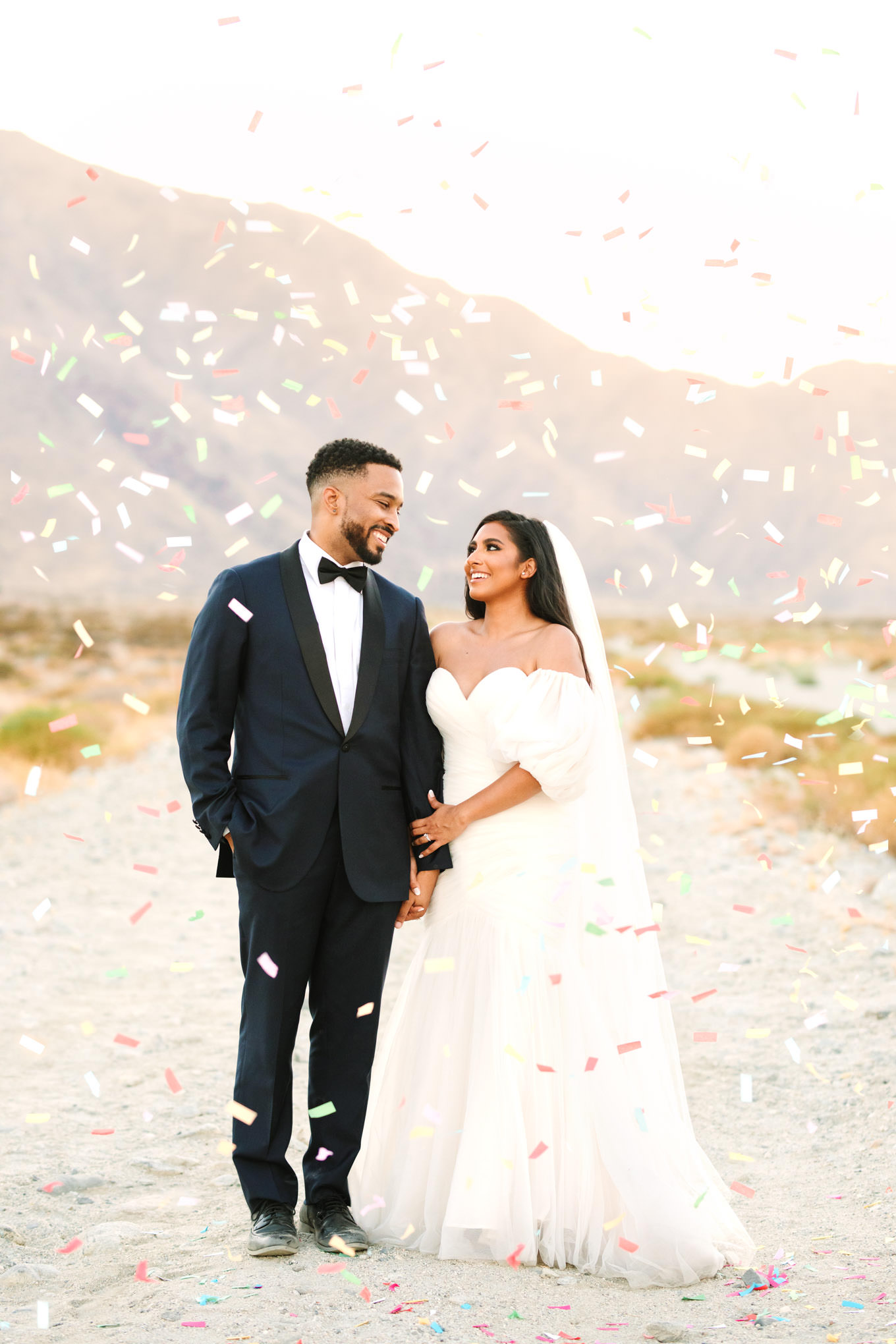 Biodegradable confetti toss during Palm Springs elopement | Engagement, elopement, and wedding photography roundup of Mary Costa’s favorite images from 2020 | Colorful and elevated photography for fun-loving couples in Southern California | #2020wedding #elopement #weddingphoto #weddingphotography #microwedding   Source: Mary Costa Photography | Los Angeles