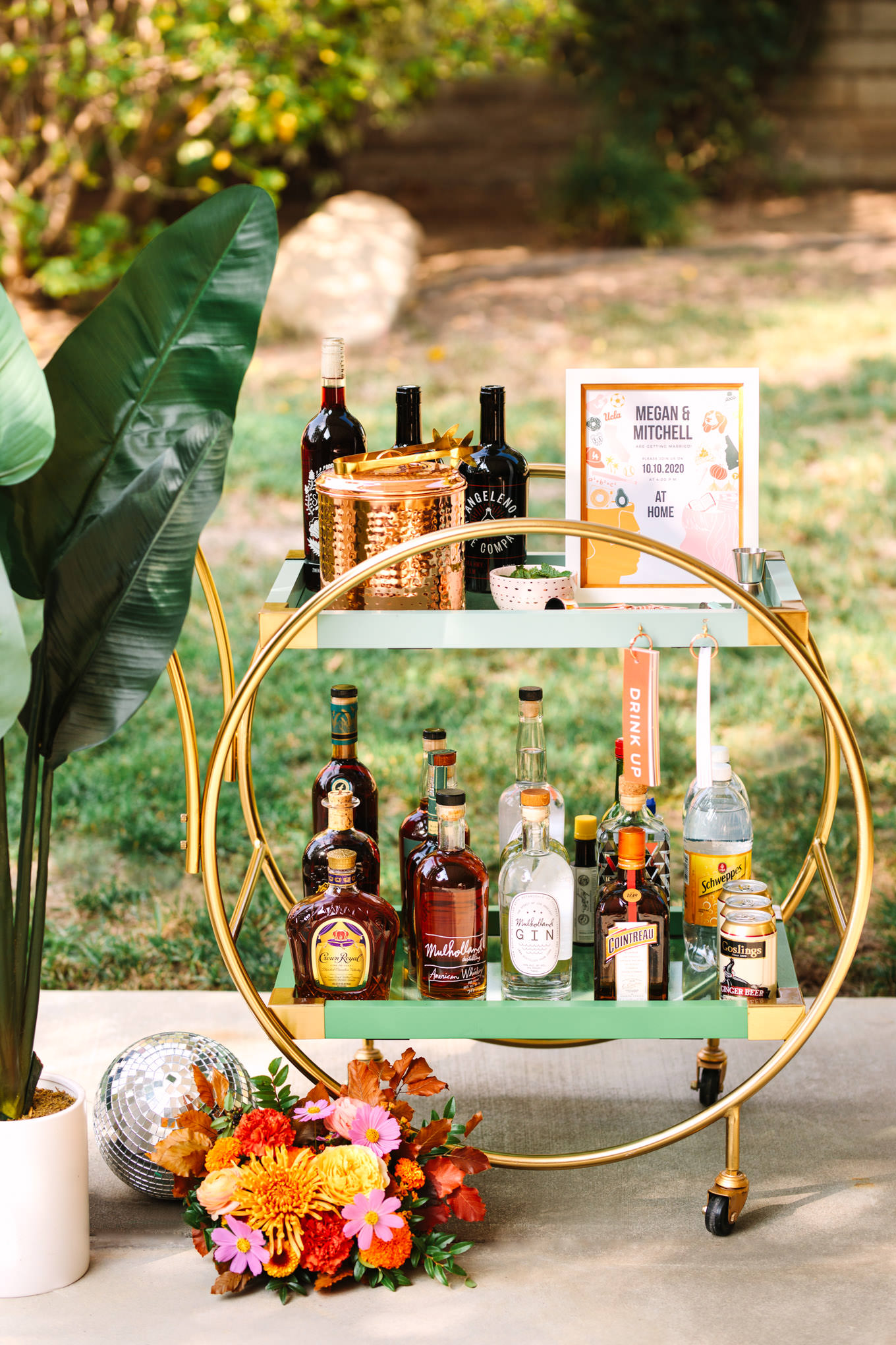 Bar cart with disco ball for backyard wedding | Engagement, elopement, and wedding photography roundup of Mary Costa’s favorite images from 2020 | Colorful and elevated photography for fun-loving couples in Southern California | #2020wedding #elopement #weddingphoto #weddingphotography #microwedding   Source: Mary Costa Photography | Los Angeles