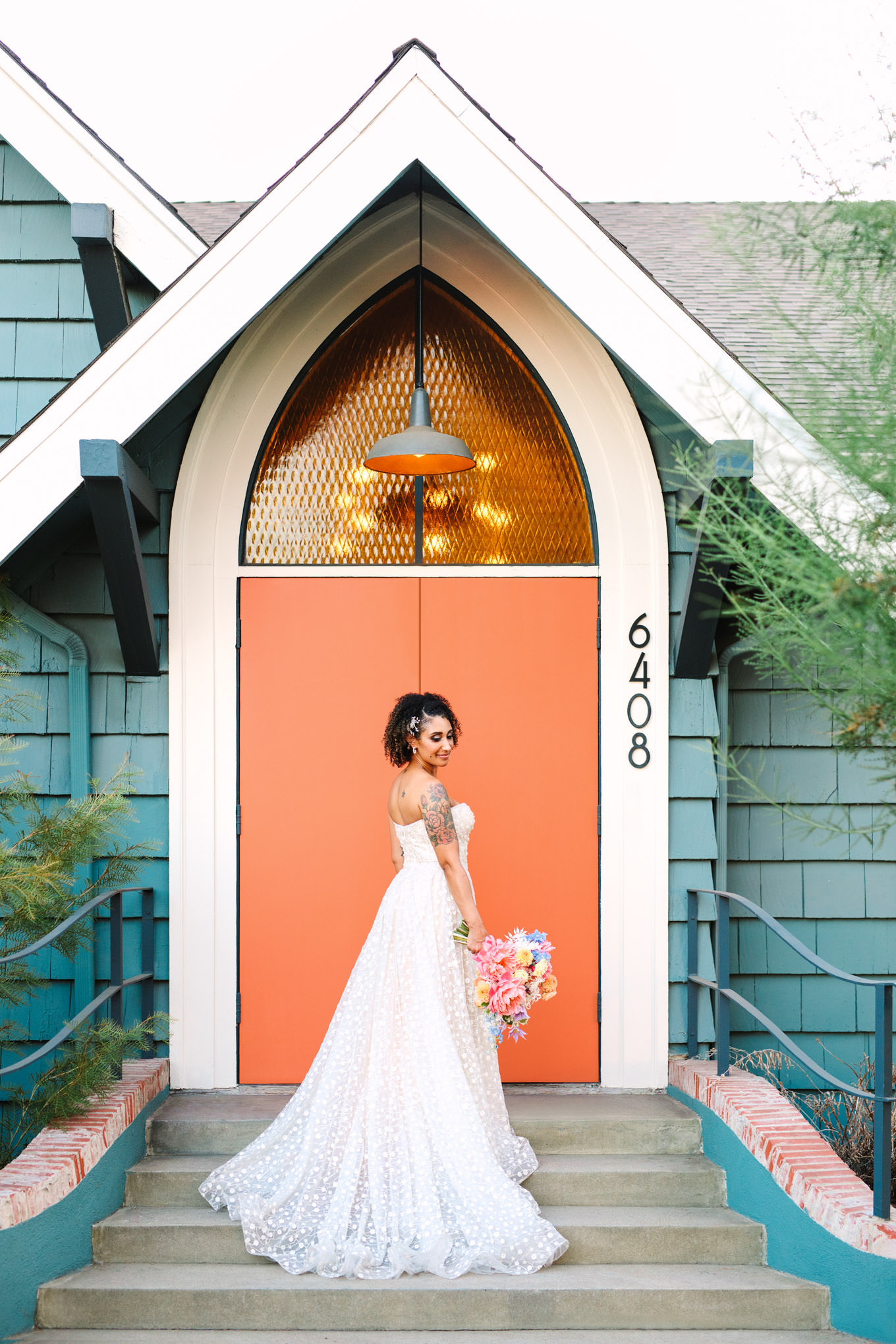 Bridal portrait in front of Ruby Street door Los Angeles Chinatown engagement session | Engagement, elopement, and wedding photography roundup of Mary Costa’s favorite images from 2020 | Colorful and elevated photography for fun-loving couples in Southern California | #2020wedding #elopement #weddingphoto #weddingphotography #microwedding   Source: Mary Costa Photography | Los Angeles