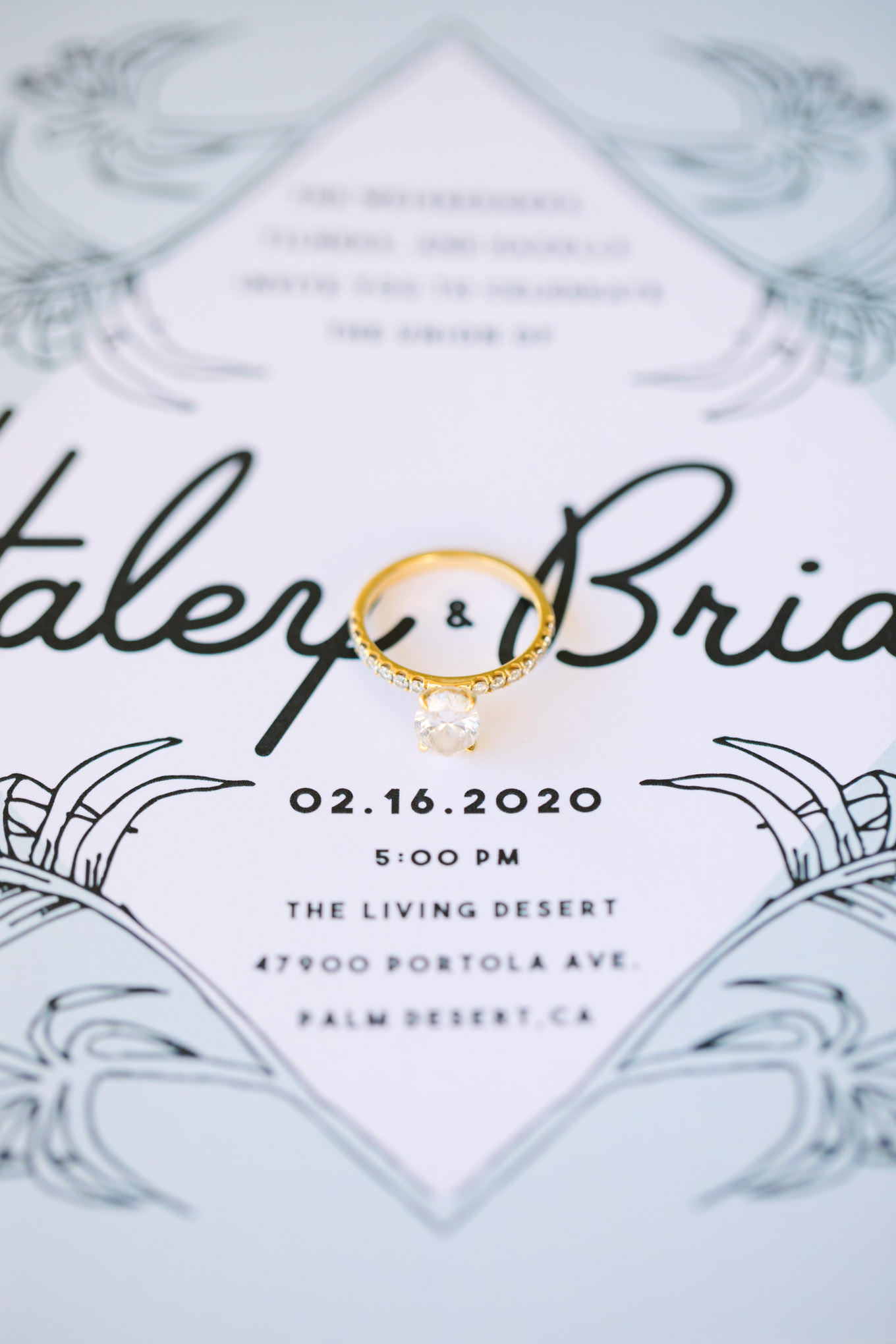Classic engagement ring on wedding invitation | Living Desert Zoo & Gardens wedding with unique details | Elevated and colorful wedding photography for fun-loving couples in Southern California |  #PalmSprings #palmspringsphotographer #gardenwedding #palmspringswedding  Source: Mary Costa Photography | Los Angeles wedding photographer 