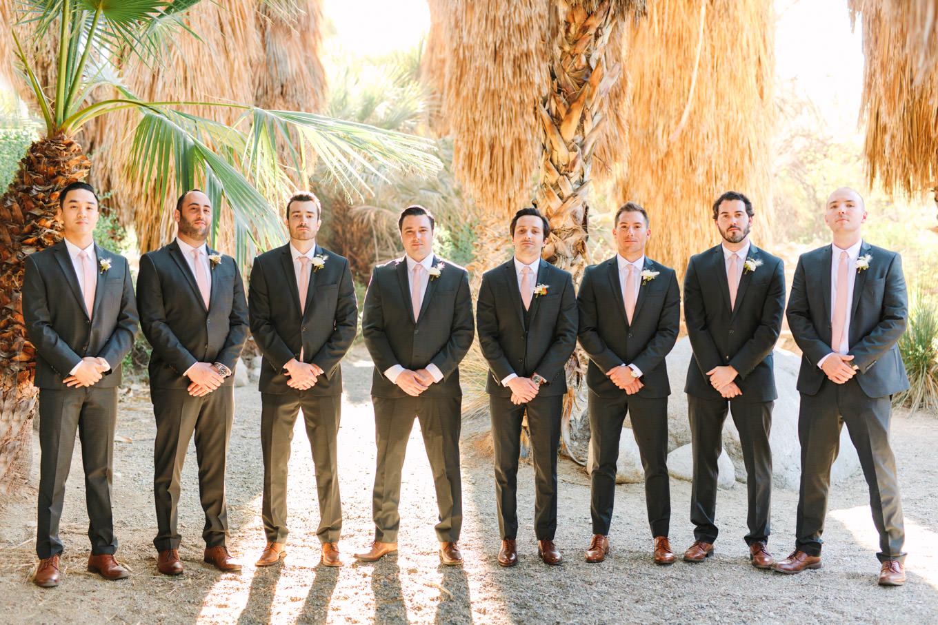 Groomsmen in palm garden | Living Desert Zoo & Gardens wedding with unique details | Elevated and colorful wedding photography for fun-loving couples in Southern California |  #PalmSprings #palmspringsphotographer #gardenwedding #palmspringswedding  Source: Mary Costa Photography | Los Angeles wedding photographer 