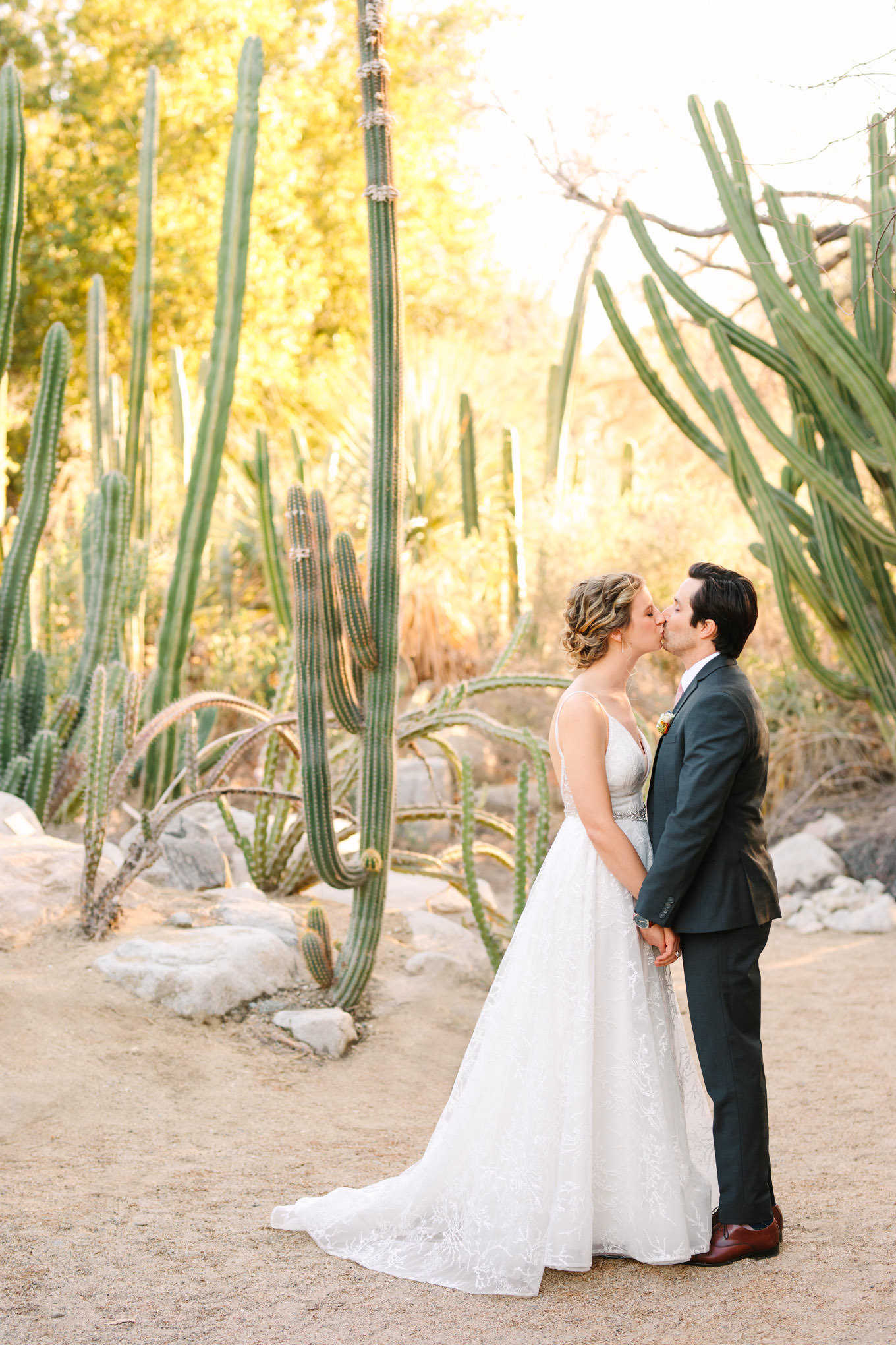 Wedding portrait of bride and groom in cactus garden | Living Desert Zoo & Gardens wedding with unique details | Elevated and colorful wedding photography for fun-loving couples in Southern California |  #PalmSprings #palmspringsphotographer #gardenwedding #palmspringswedding  Source: Mary Costa Photography | Los Angeles wedding photographer 