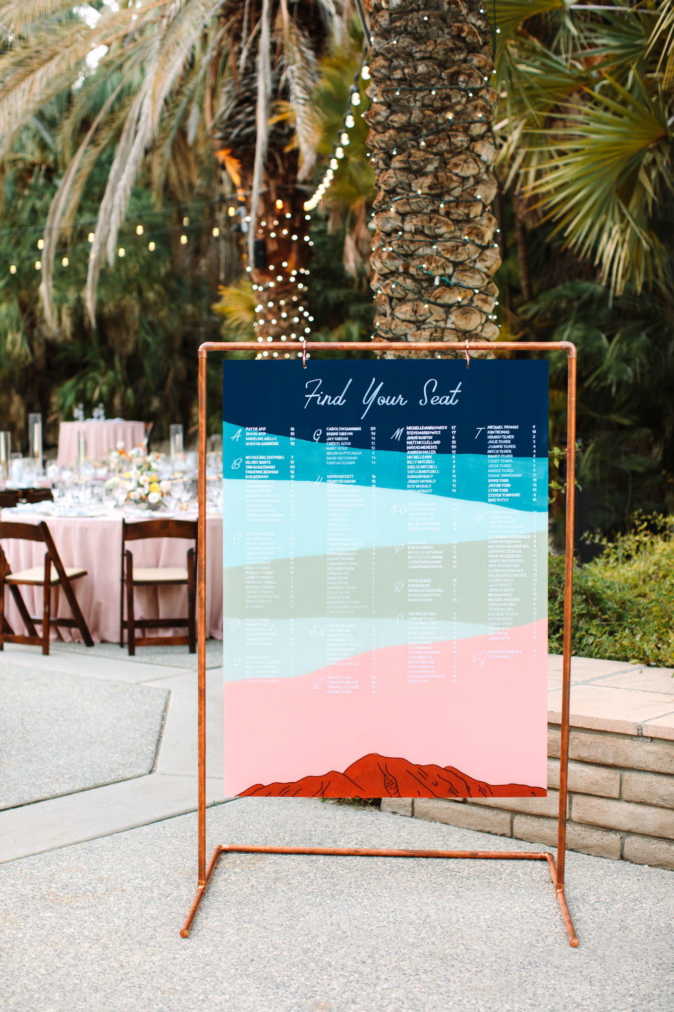 Custom acrylic seating chart | Living Desert Zoo & Gardens wedding with unique details | Elevated and colorful wedding photography for fun-loving couples in Southern California |  #PalmSprings #palmspringsphotographer #gardenwedding #palmspringswedding  Source: Mary Costa Photography | Los Angeles wedding photographer 