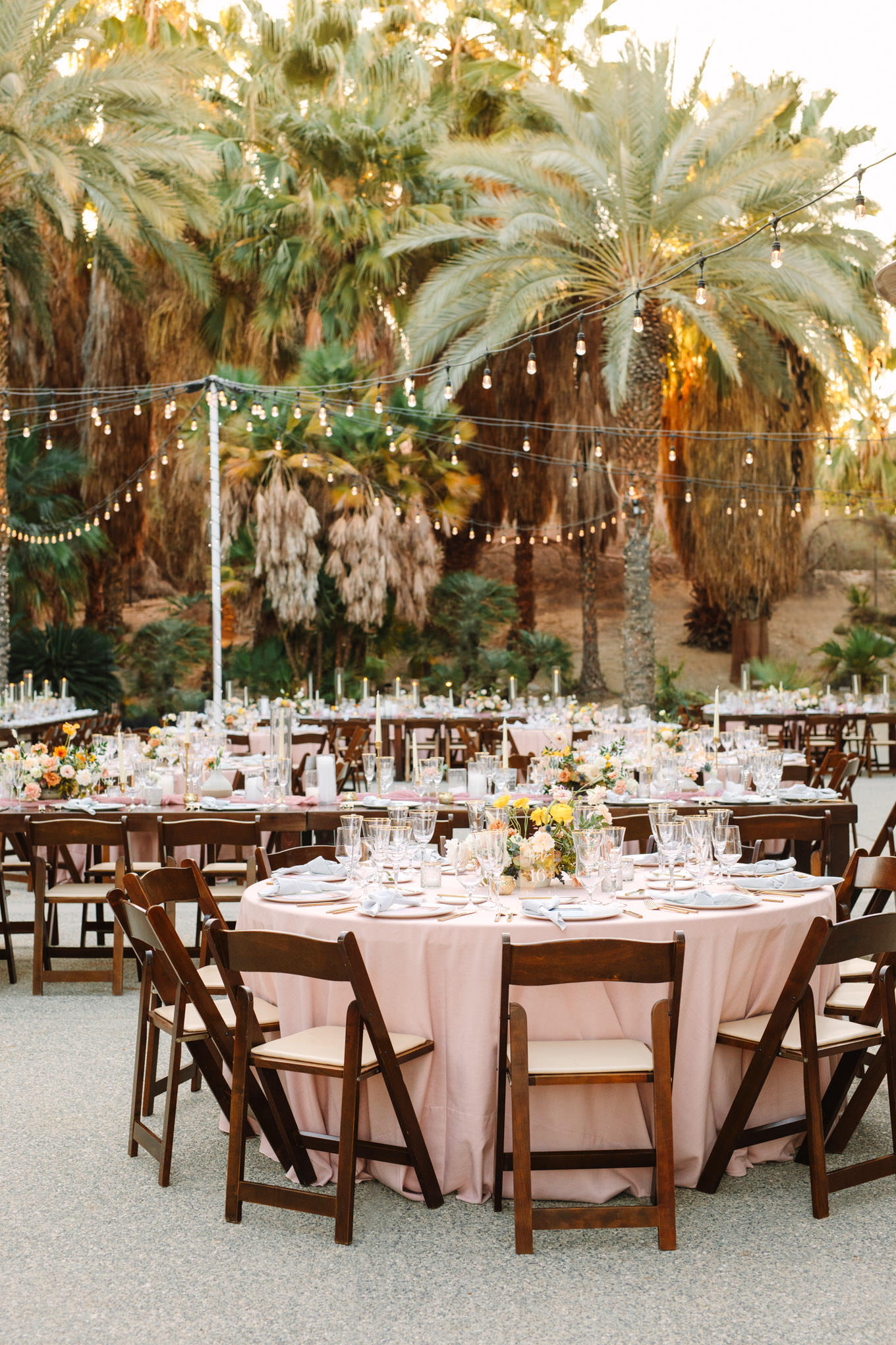 Blush wedding reception table in palm garden | Living Desert Zoo & Gardens wedding with unique details | Elevated and colorful wedding photography for fun-loving couples in Southern California |  #PalmSprings #palmspringsphotographer #gardenwedding #palmspringswedding  Source: Mary Costa Photography | Los Angeles wedding photographer 
