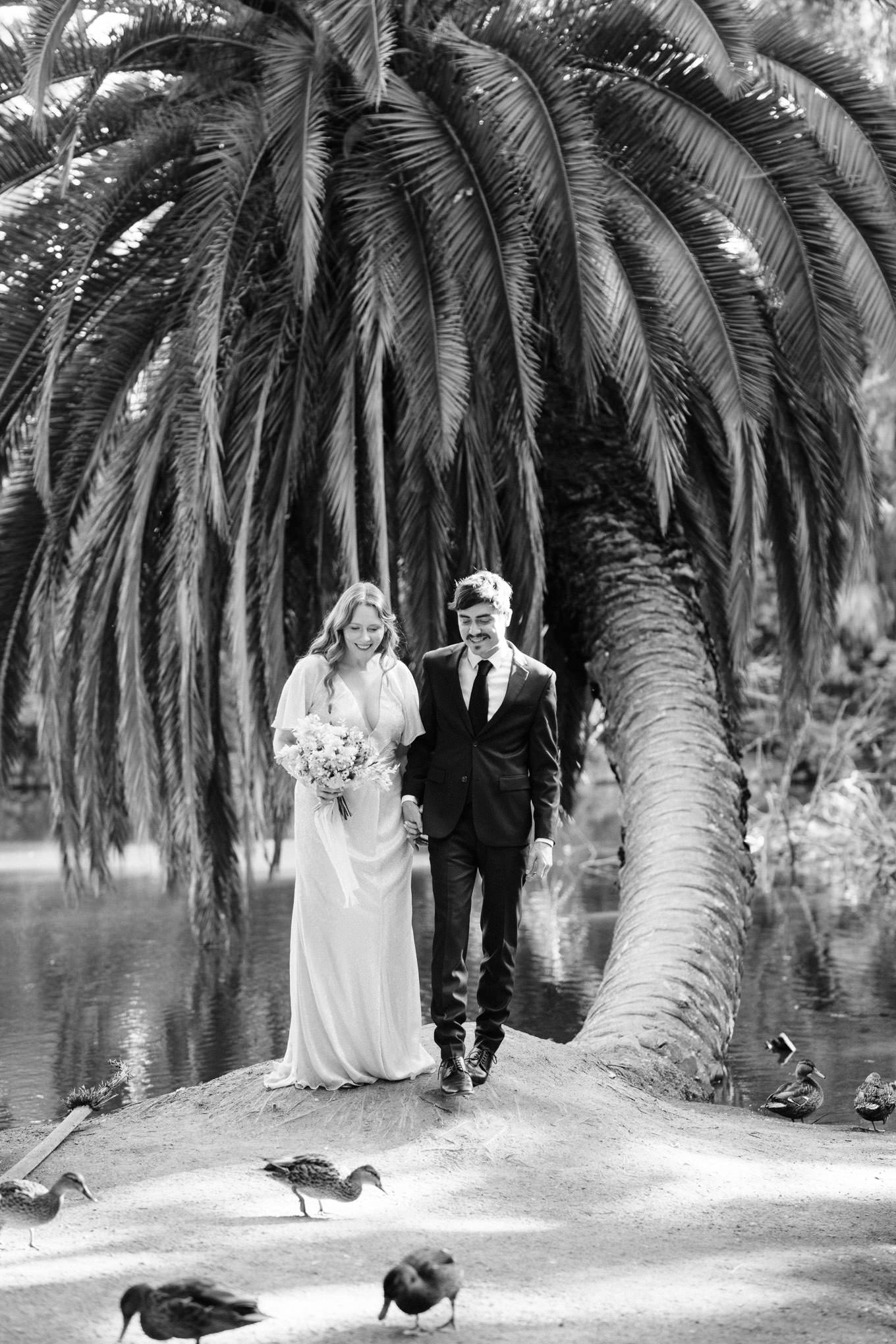 Bride and groom walking with ducks | Los Angeles Arboretum Elopement | Colorful and elevated wedding photography for fun-loving couples in Southern California | #LosAngelesElopement #elopement #LAarboretum #LAskyline #elopementphotos   Source: Mary Costa Photography | Los Angeles