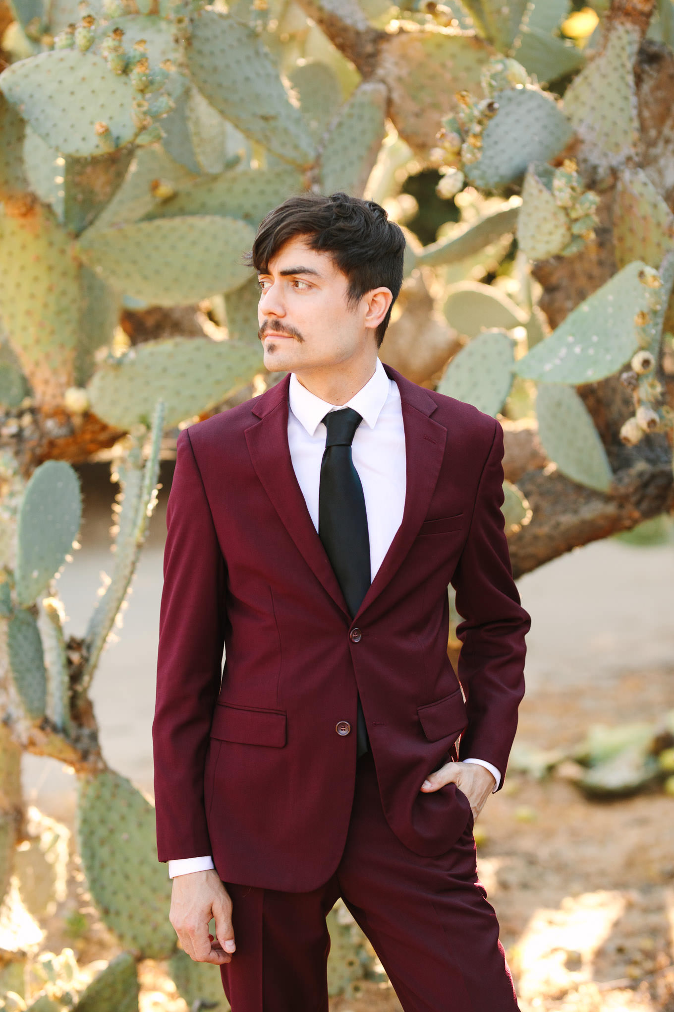 Groom wearing burgundy suit posed in front of cacti | Los Angeles Arboretum Elopement | Colorful and elevated wedding photography for fun-loving couples in Southern California | #LosAngelesElopement #elopement #LAarboretum #LAskyline #elopementphotos   Source: Mary Costa Photography | Los Angeles