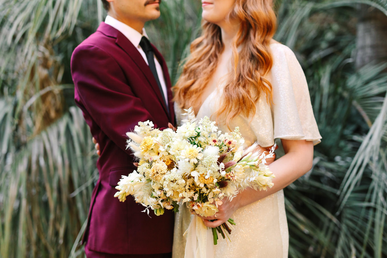 Boho wedding bouquet | Los Angeles Arboretum Elopement | Colorful and elevated wedding photography for fun-loving couples in Southern California | #LosAngelesElopement #elopement #LAarboretum #LAskyline #elopementphotos   Source: Mary Costa Photography | Los Angeles