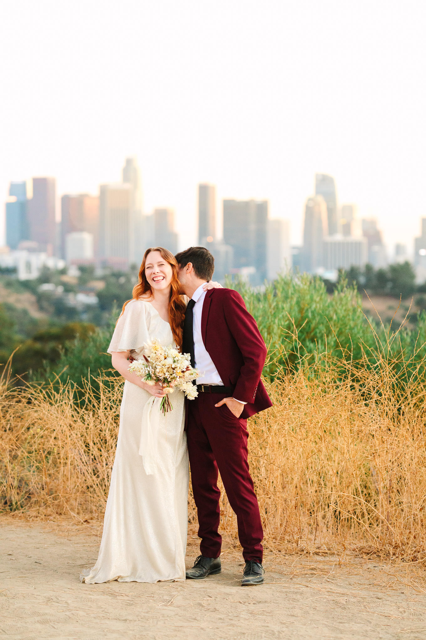 Elopement in front of LA skyline | Los Angeles Elysian Park Elopement | Colorful and elevated wedding photography for fun-loving couples in Southern California | #LosAngelesElopement #elopement #LAarboretum #LAskyline #elopementphotos   Source: Mary Costa Photography | Los Angeles