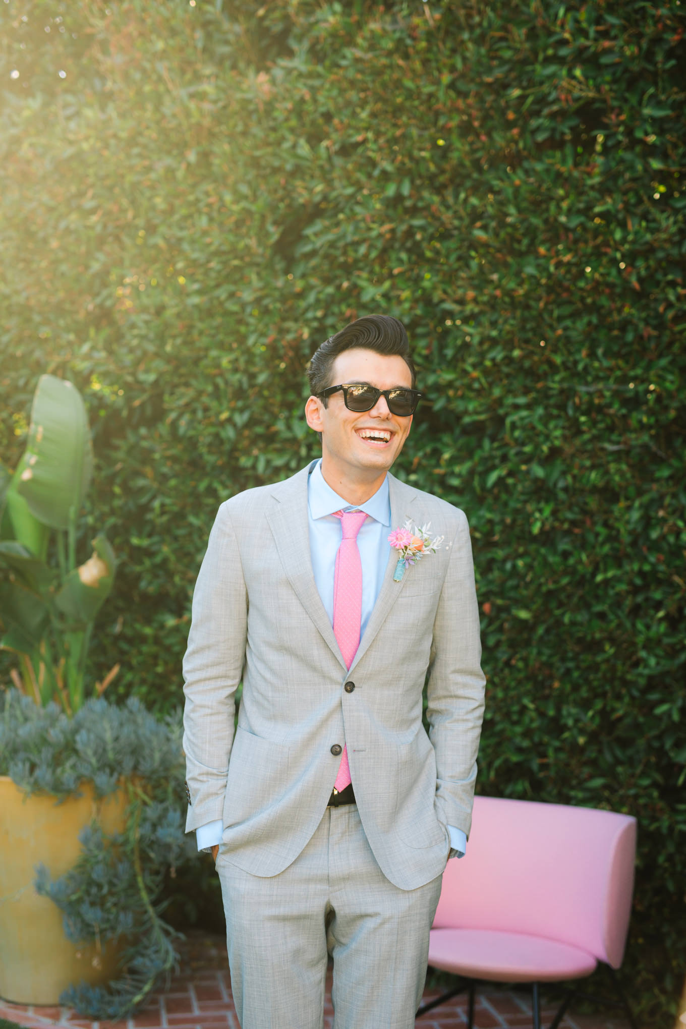 Modern pastel groom's attire | Colorful pop-up micro wedding at The Ruby Street Los Angeles featured on Green Wedding Shoes | Colorful and elevated photography for fun-loving couples in Southern California | #colorfulwedding #popupwedding #weddingphotography #microwedding Source: Mary Costa Photography | Los Angeles