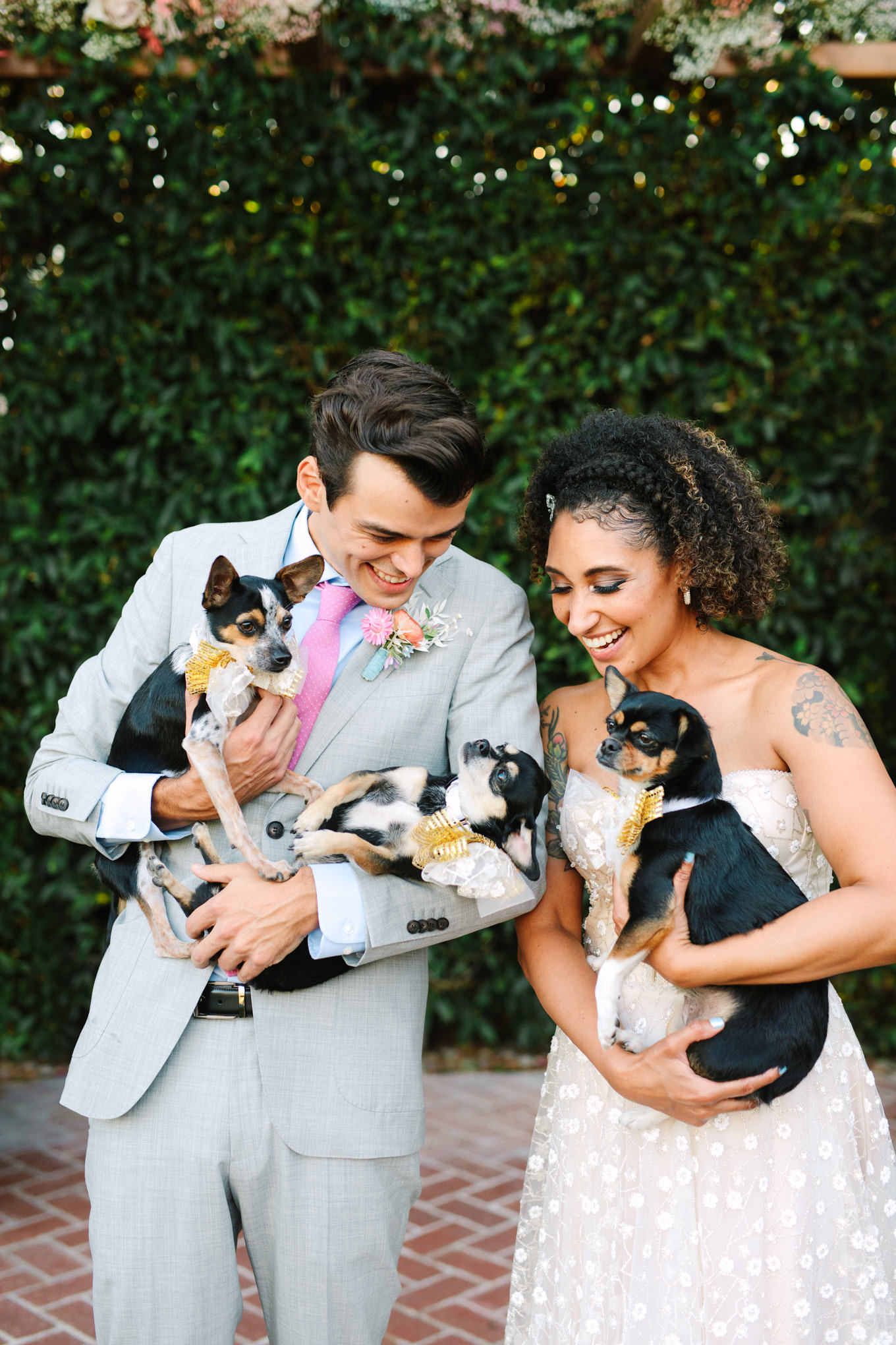 Wedding photo with dogs | Colorful pop-up micro wedding at The Ruby Street Los Angeles featured on Green Wedding Shoes | Colorful and elevated photography for fun-loving couples in Southern California | #colorfulwedding #popupwedding #weddingphotography #microwedding Source: Mary Costa Photography | Los Angeles