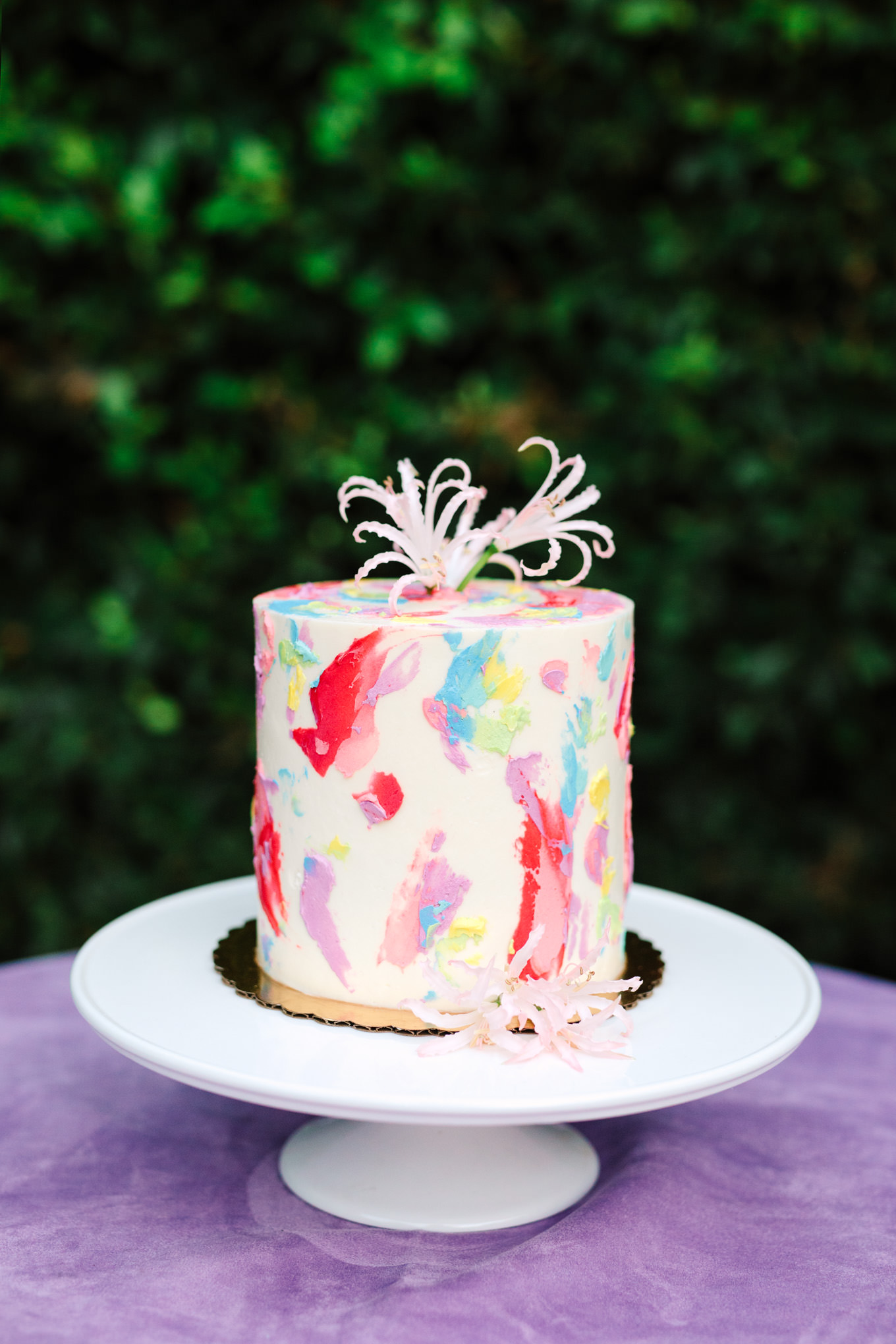 Colorful watercolor taro cake by Flouring LA | Colorful pop-up micro wedding at The Ruby Street Los Angeles featured on Green Wedding Shoes | Colorful and elevated photography for fun-loving couples in Southern California | #colorfulwedding #popupwedding #weddingphotography #microwedding Source: Mary Costa Photography | Los Angeles
