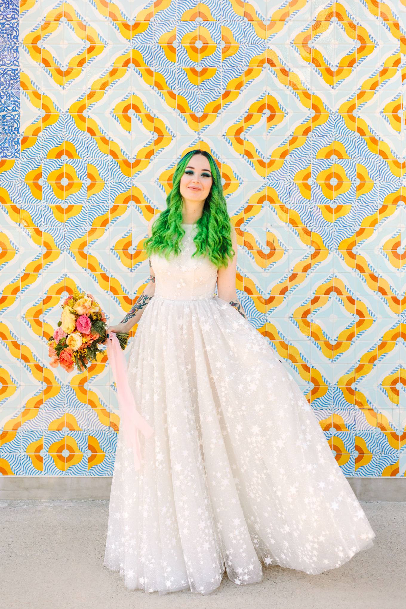 Bride with green hair wearing star Galia Lahav gown | Colorful wedding at The Unique Space Los Angeles published in The Knot Magazine | Fresh and colorful photography for fun-loving couples in Southern California | #colorfulwedding #losangeleswedding #weddingphotography #uniquespace Source: Mary Costa Photography | Los Angeles