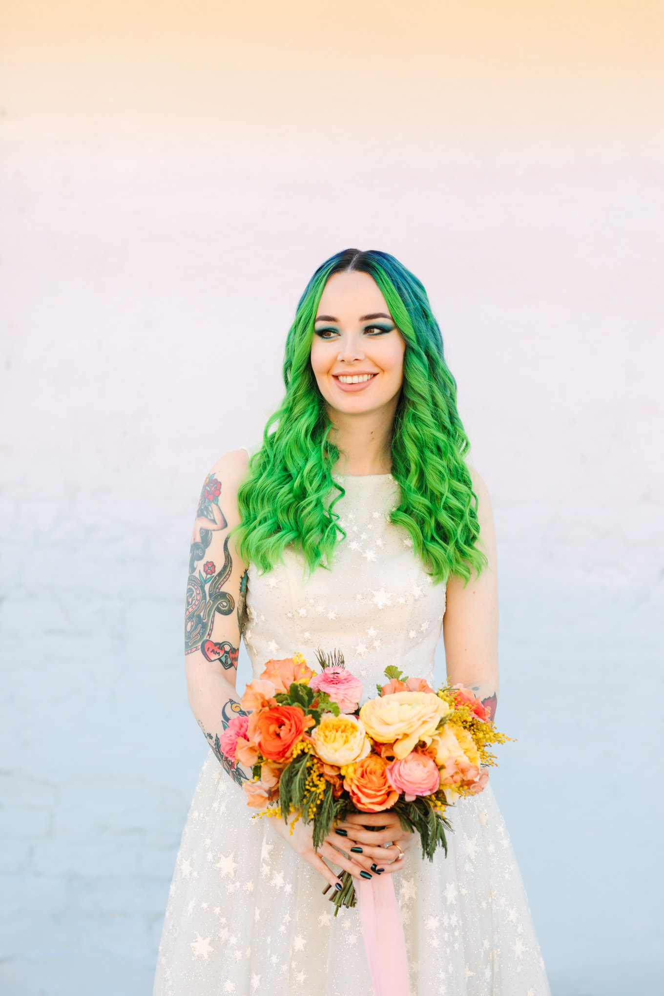 Bride with neon green hair | Colorful wedding at The Unique Space Los Angeles published in The Knot Magazine | Fresh and colorful photography for fun-loving couples in Southern California | #colorfulwedding #losangeleswedding #weddingphotography #uniquespace Source: Mary Costa Photography | Los Angeles