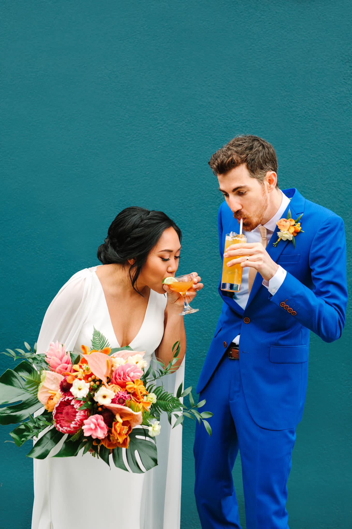 Bride and groom drinking cocktails | TV inspired wedding at The Fig House Los Angeles | Published on The Knot | Fresh and colorful photography for fun-loving couples in Southern California | #losangeleswedding #TVwedding #colorfulwedding #theknot   Source: Mary Costa Photography | Los Angeles wedding photographer