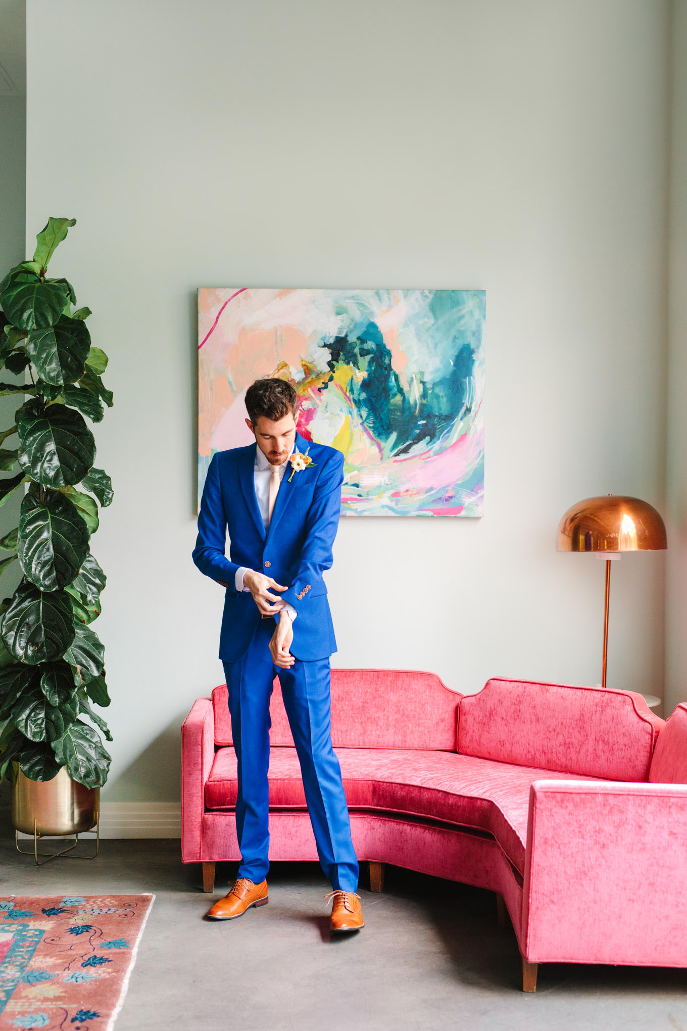 Groom getting ready in bright blue suit | TV inspired wedding at The Fig House Los Angeles | Published on The Knot | Fresh and colorful photography for fun-loving couples in Southern California | #losangeleswedding #TVwedding #colorfulwedding #theknot   Source: Mary Costa Photography | Los Angeles wedding photographer