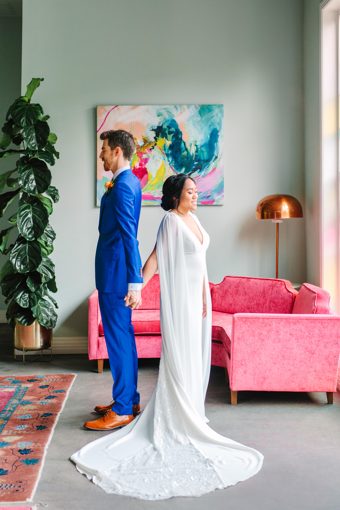 Bride and groom first look | TV inspired wedding at The Fig House Los Angeles | Published on The Knot | Fresh and colorful photography for fun-loving couples in Southern California | #losangeleswedding #TVwedding #colorfulwedding #theknot   Source: Mary Costa Photography | Los Angeles wedding photographer