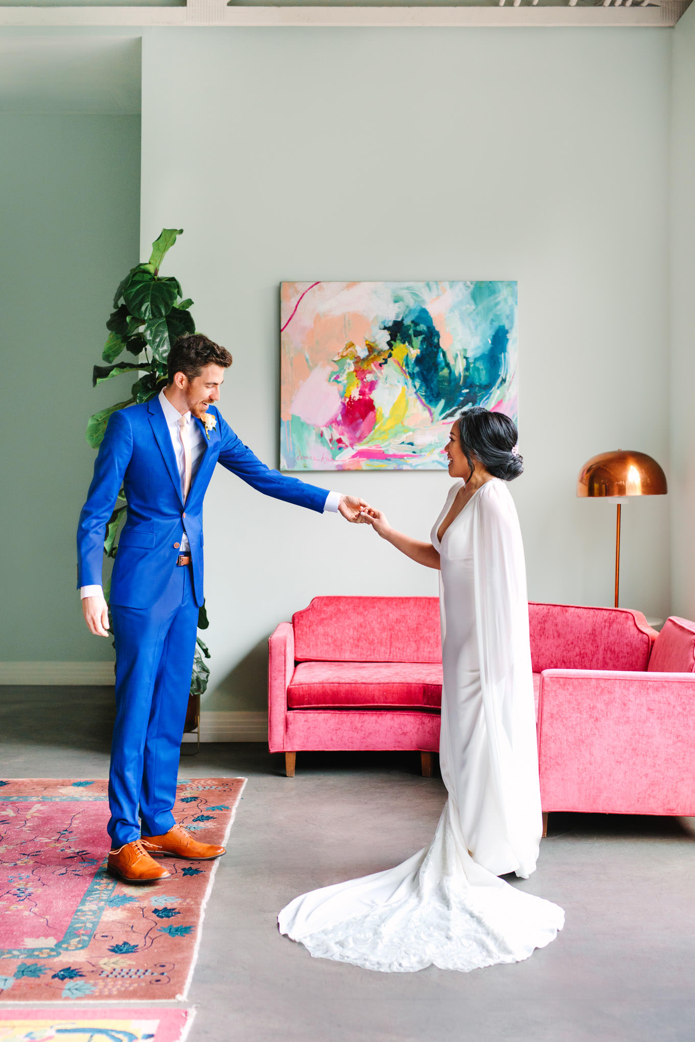 Bride and groom first look | TV inspired wedding at The Fig House Los Angeles | Published on The Knot | Fresh and colorful photography for fun-loving couples in Southern California | #losangeleswedding #TVwedding #colorfulwedding #theknot   Source: Mary Costa Photography | Los Angeles wedding photographer