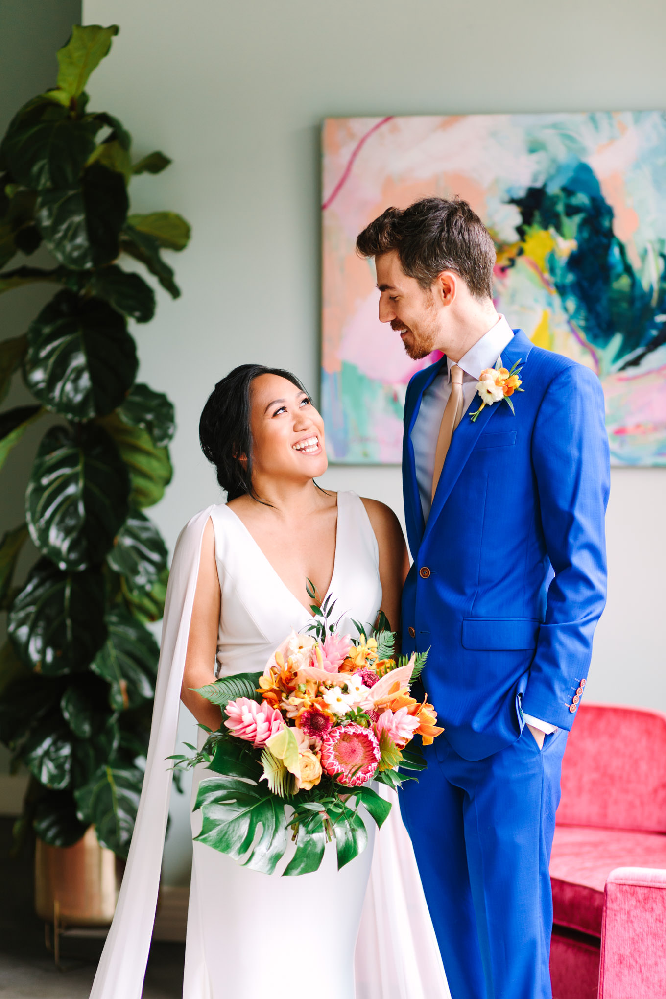 Bride and groom looking at each other | TV inspired wedding at The Fig House Los Angeles | Published on The Knot | Fresh and colorful photography for fun-loving couples in Southern California | #losangeleswedding #TVwedding #colorfulwedding #theknot   Source: Mary Costa Photography | Los Angeles wedding photographer