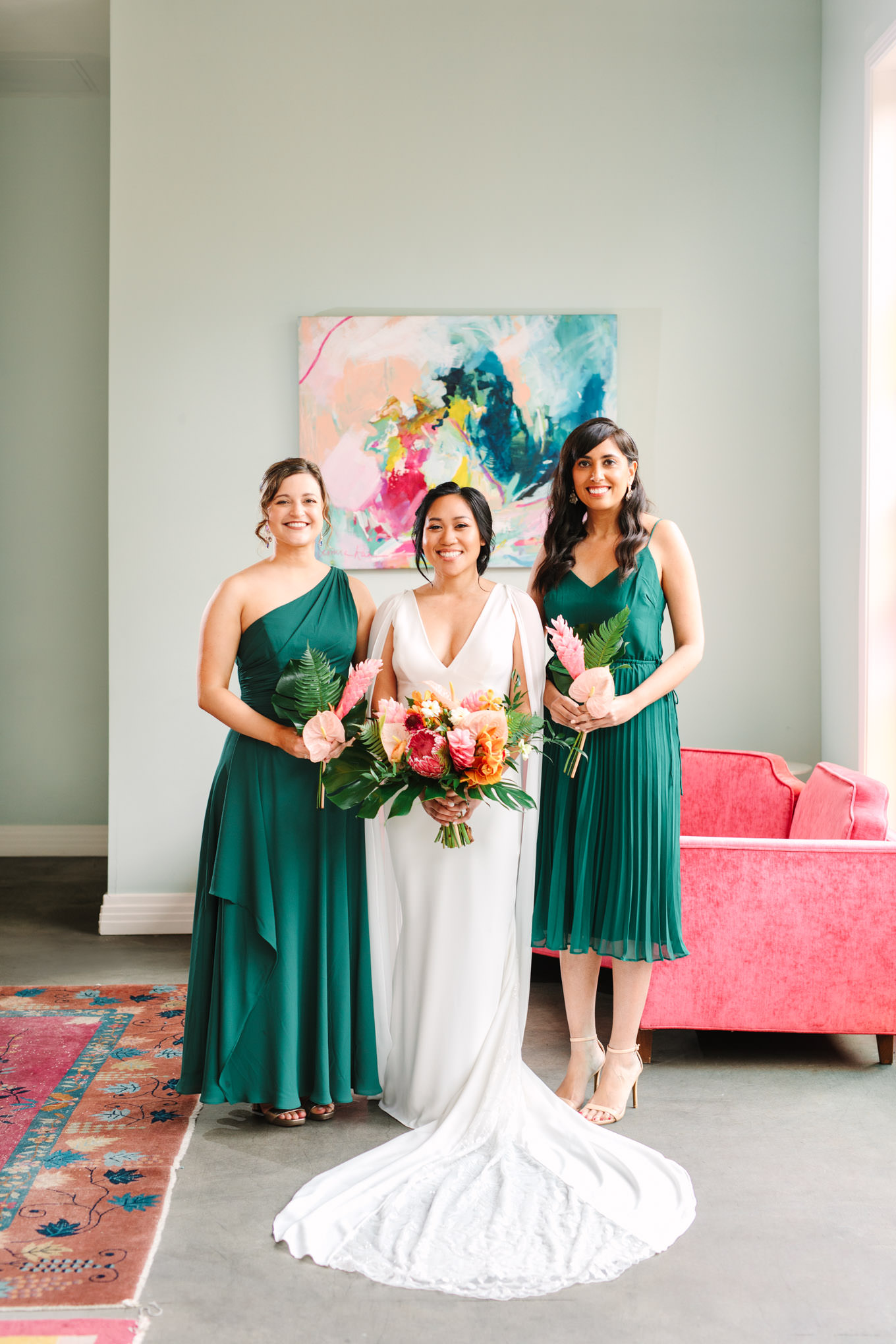Bride with bridesmaids in green dresses | TV inspired wedding at The Fig House Los Angeles | Published on The Knot | Fresh and colorful photography for fun-loving couples in Southern California | #losangeleswedding #TVwedding #colorfulwedding #theknot   Source: Mary Costa Photography | Los Angeles wedding photographer